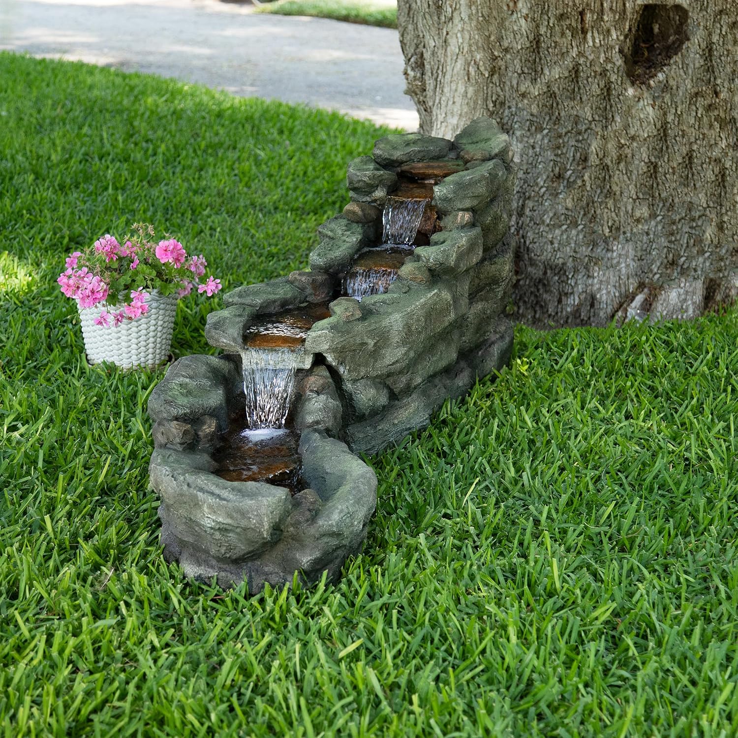 Alpine Corporation TZL308 61" Long Rocky River Rapids Fountain with LED Lights, Stunning Outdoor Yard Decor, Cascading Water Feature for Gardens, Patios or Landscaping, Brown