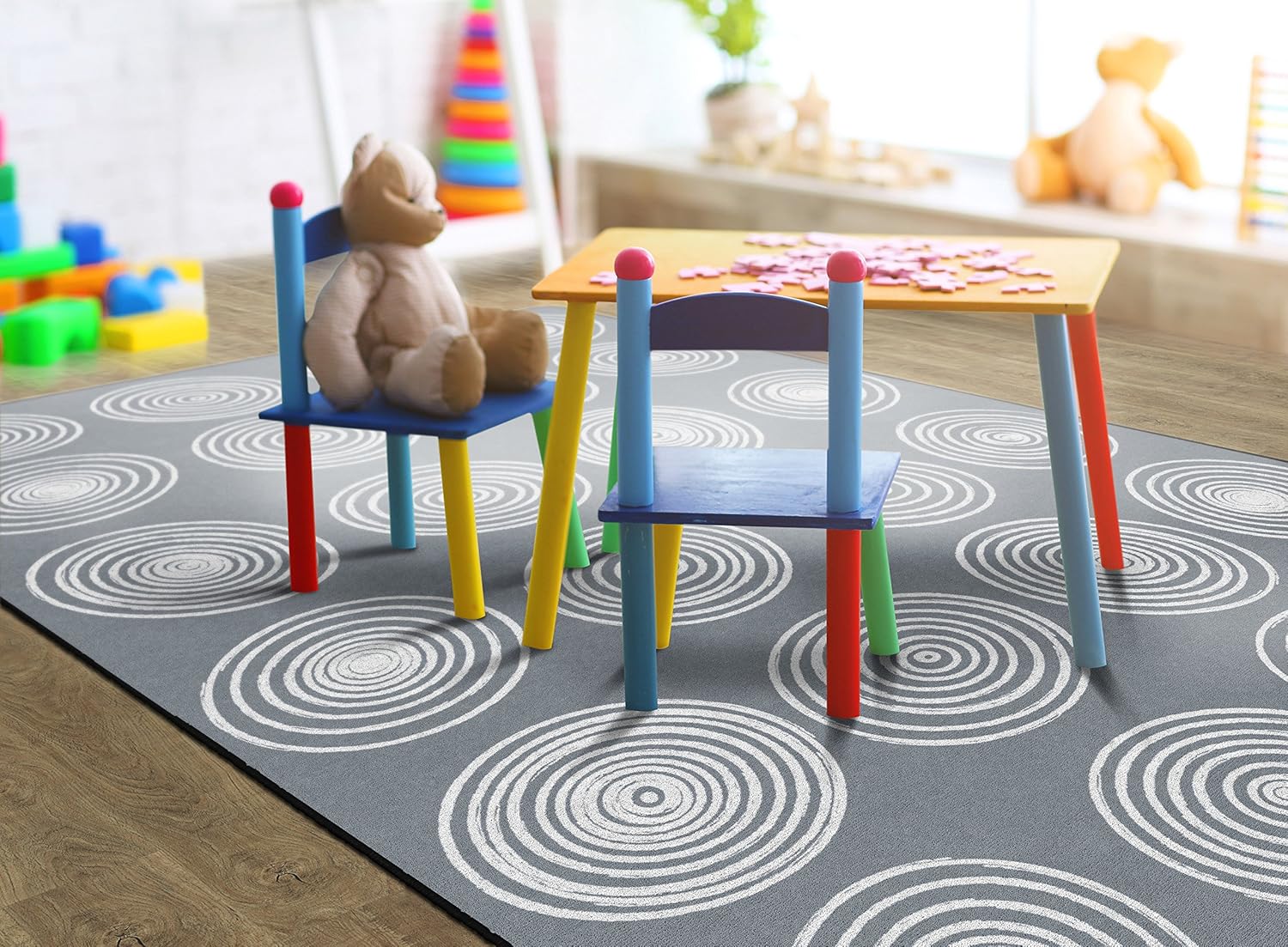 Flagship Carpets Circles Abstract Educational Area Rug for Kids Room Seating Décor, Children's Classroom, Play Carpet for Teaching and Playroom, Seats 24, 7'6" x 12', White & Grey