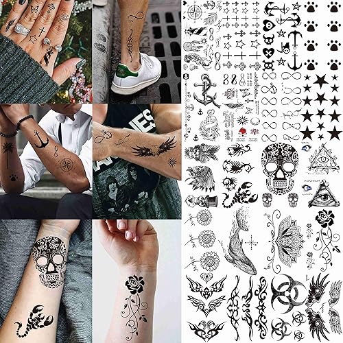 Miniatura 5 de VANTATY 50 hojas de tatuajes temporales negros para hombres y adultos animales de lobo león dragón falsos pequeños tatuajes temporales para mujeres