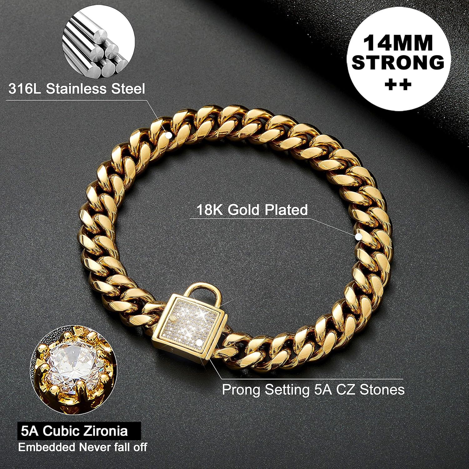 Dog Chain Collar Top Cubic Zirconia Lock 14mm Stainless Steel 18K Gold Plated Cuban Chain Pet Dog Training Walking Collar(22 inches)