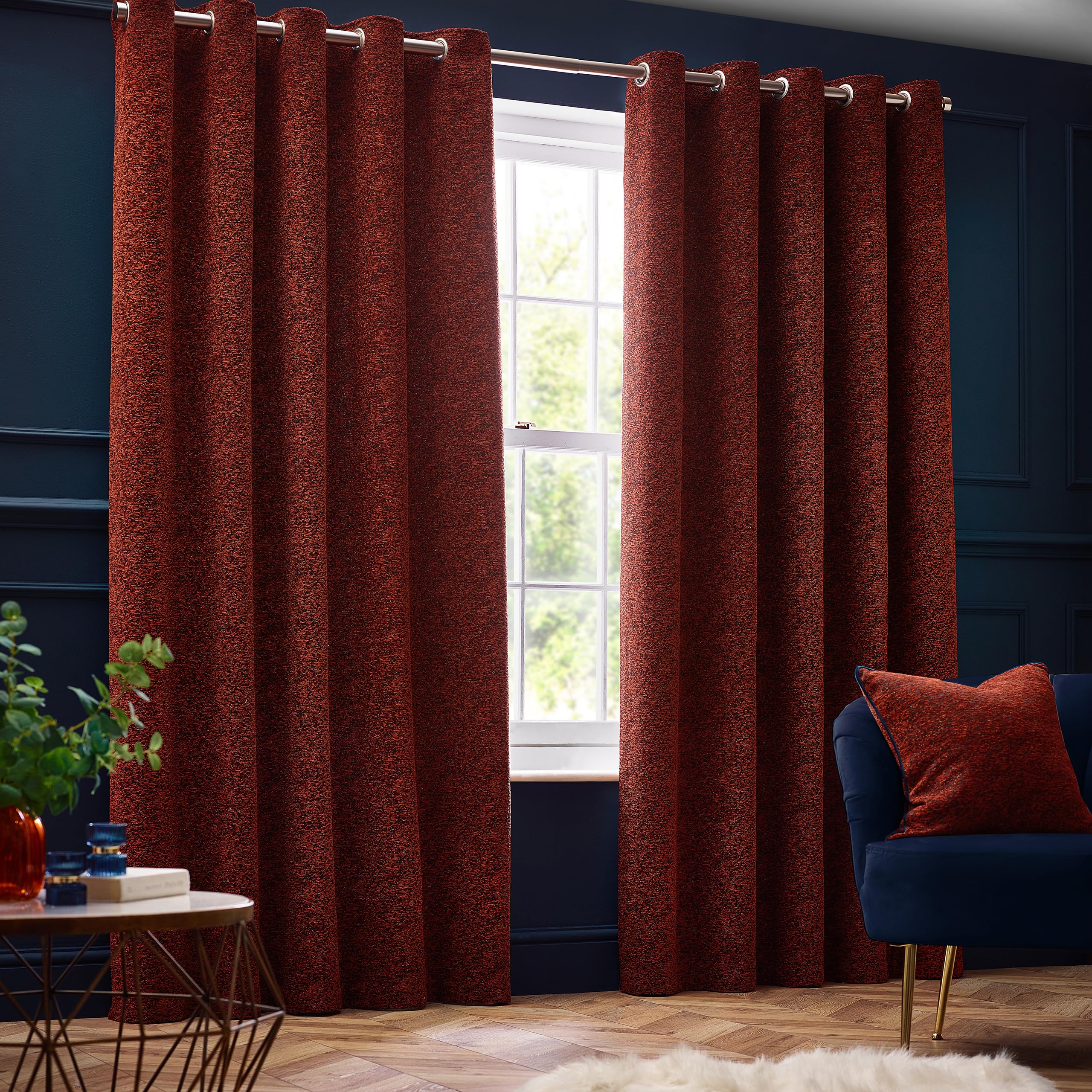 Paoletti Galaxy Eyelet Curtain Pair – Lined Room Darkening Luxury Opulent Chenille Curtains (Copper - 117x137cm)