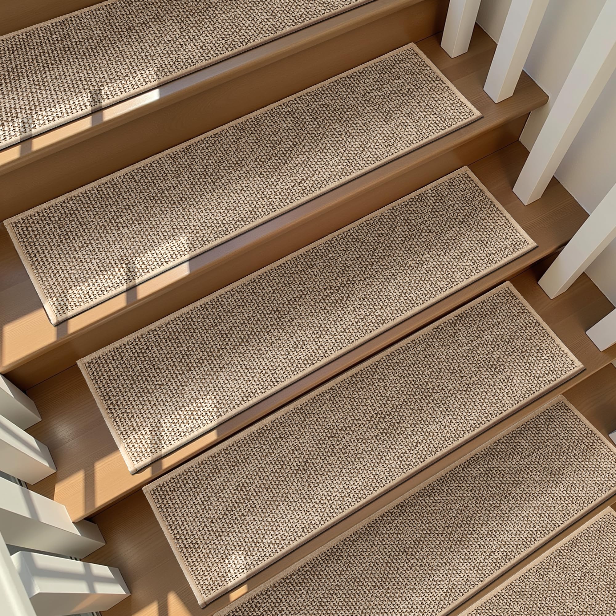 Linen Stair Treads Non Slip 15pcs Stair Runner for Wooden Steps Peel and Stick Stairs Carpet Treads Indoor Staircase Covers Mat with Self-Adhesive Backing for Pets and Kids 8"X30" Beige