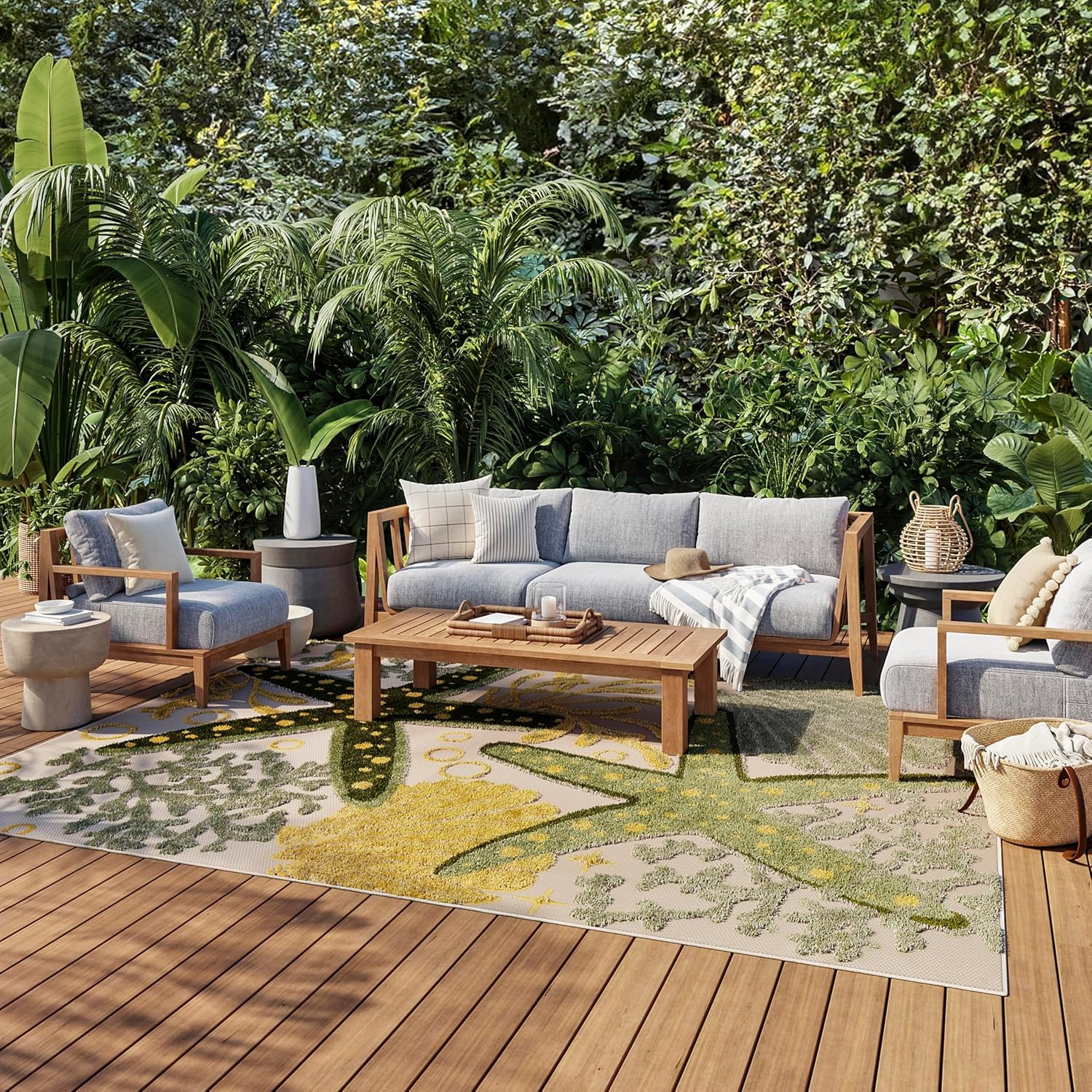 Nourison Home Aloha Indoor/Outdoor Green Yellow 12' x 15' Area Rug, Easy Cleaning, Non Shedding, Bed Room, Living Room, Dining Room, Backyard, Patio, Deck (12x15)