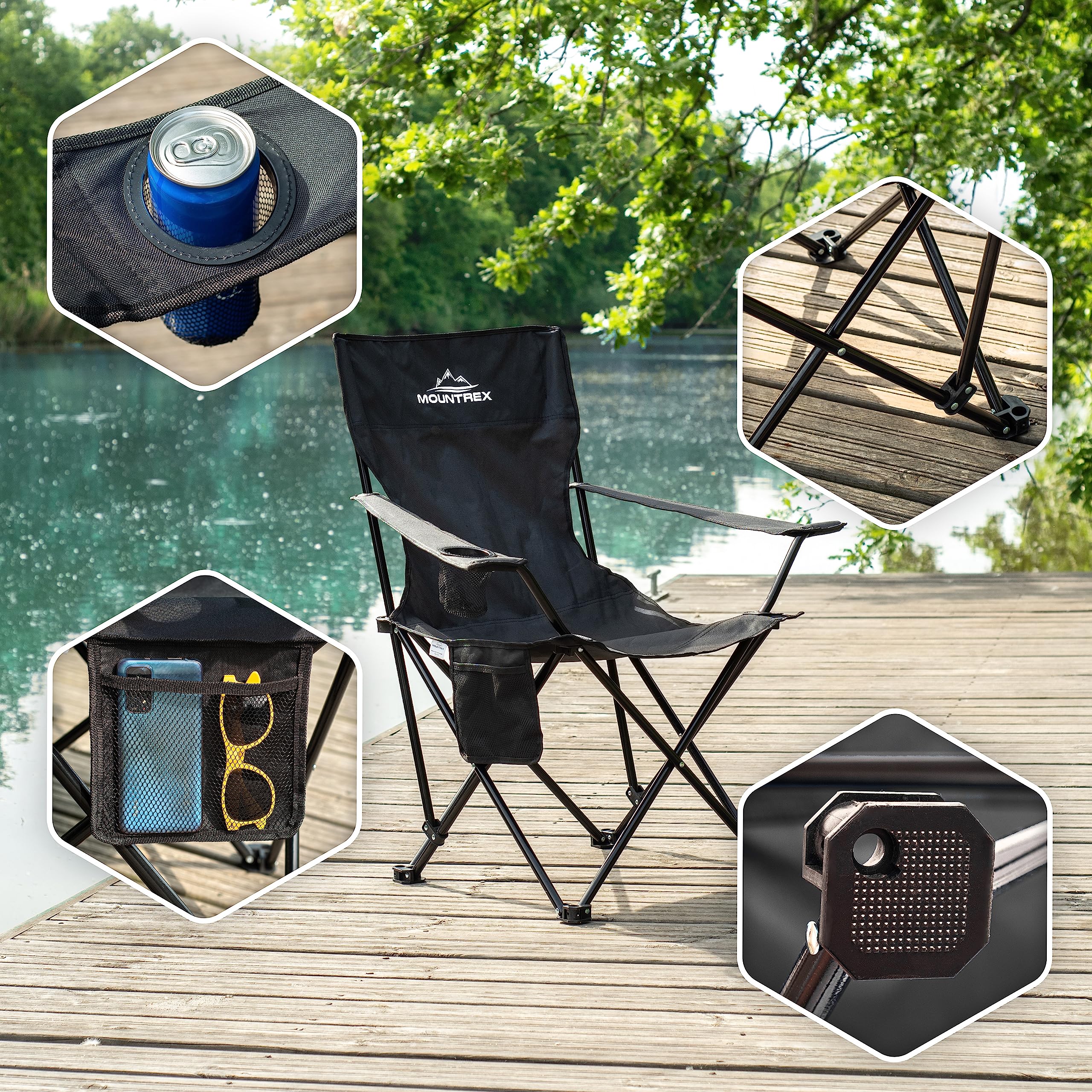 MOUNTREX Campingstuhl Faltbar (bis 120kg) - Klappstuhl mit Verstellbare Armlehne - Anglerstuhl, Strandstuhl - Klappbar, Kompakt & Leicht - Camping Stuhl Inkl. Getränkehalter und Tasche