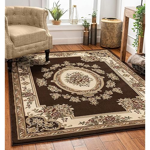 Pastoral Medallion Brown French (5'3" x 7'3") Area Rug European Floral Formal Traditional Area Rug Stain Resistant Shed Free Modern Classic Contemporary Thick Soft Plush Living Dining Room Rug