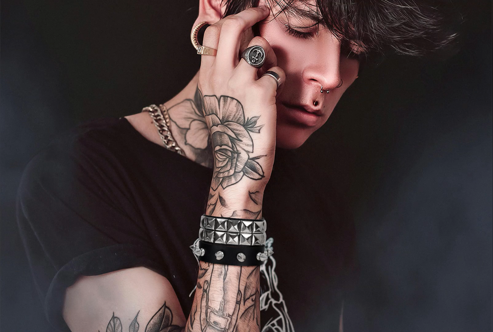 Pulseras de cuero con pinchos negro punk ajustables para hombre y mujer miniatura 7