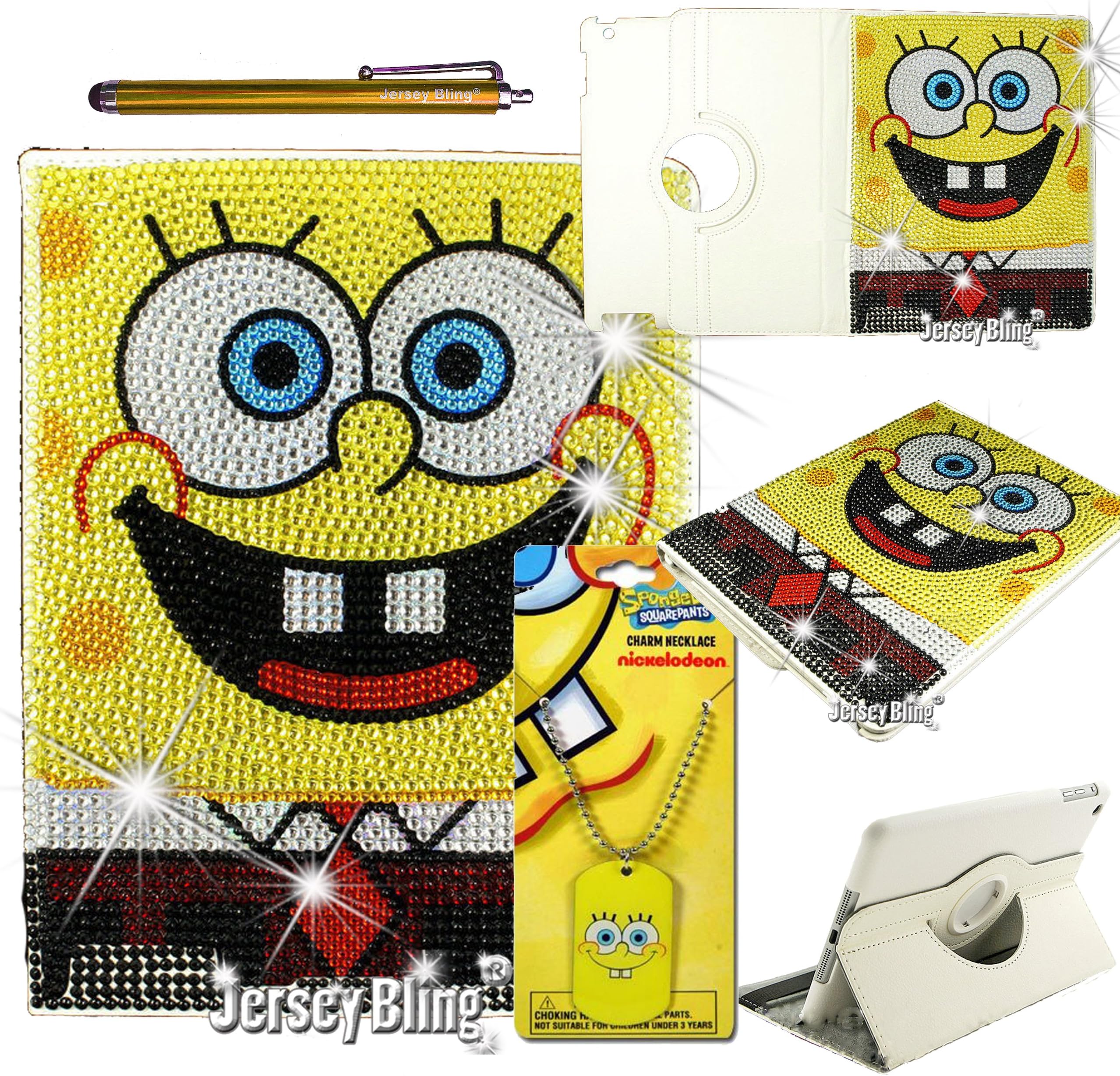 Sponge Bob Gift Set for iPad 2/3/4 Crystal & Rhinestone 360 Degree Rotating Faux Leather Case with Free Sponge BobDog Tag