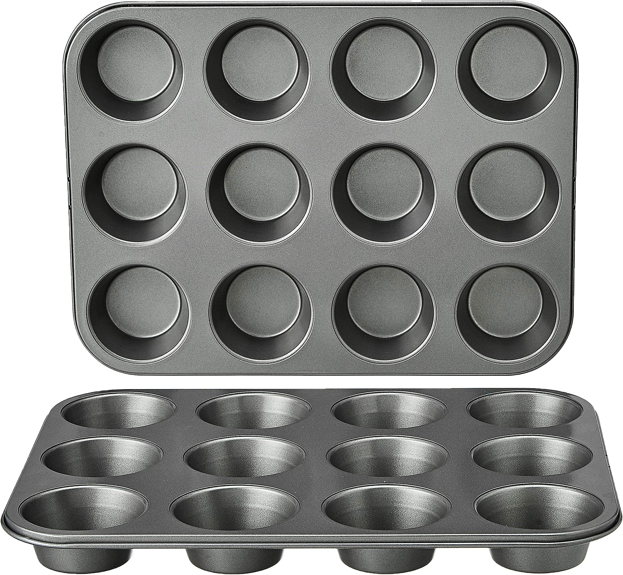 Amazon Basics Nonstick Round Carbon Steel Muffin Pan, 2-Pack, Grey, 13.9x10.55x1.22"
