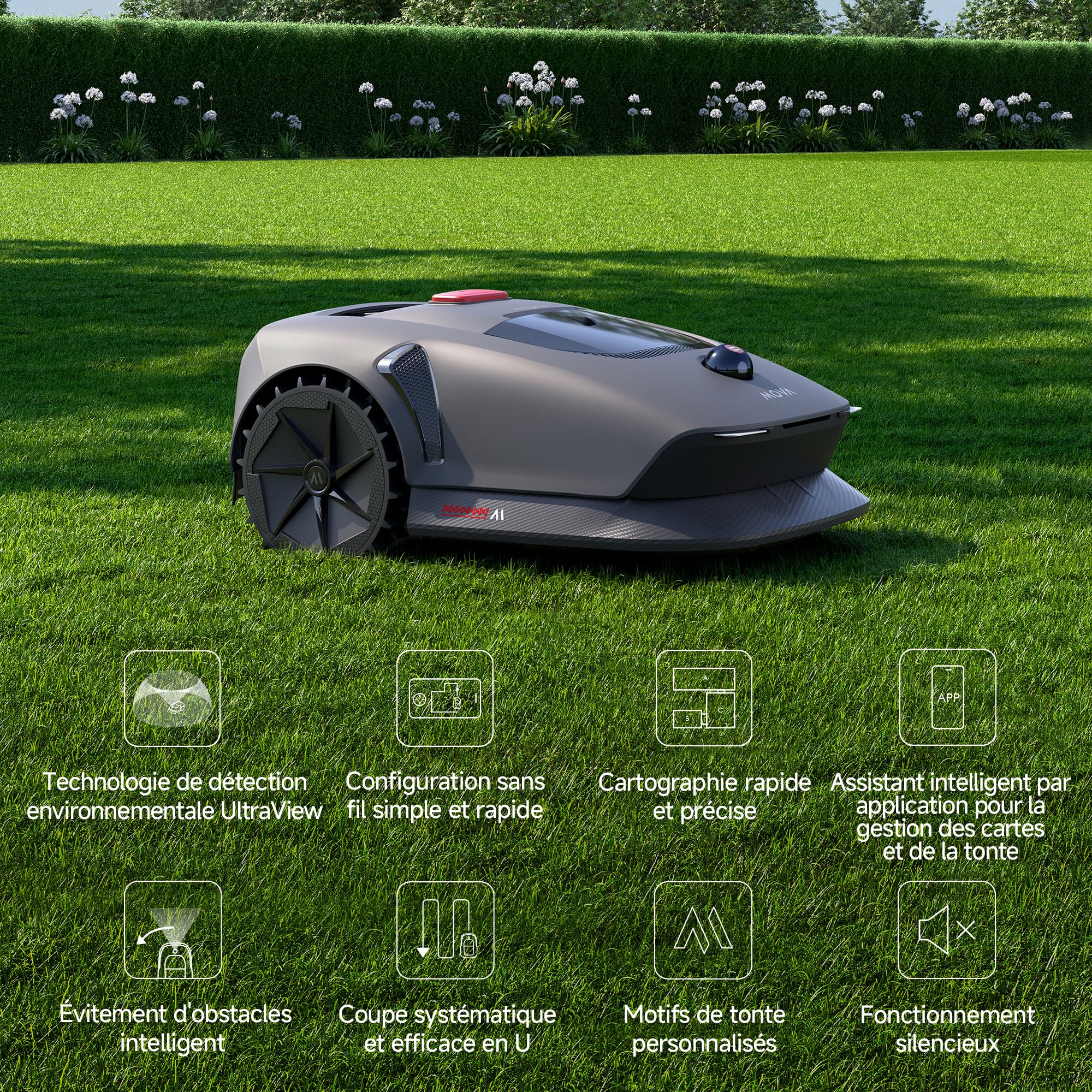 MOVA 600 Kit avec 81 Lames, Robot Tondeuse Installation sans Fil, cartographie 360° 3D LiDAR jusqu'à 800 m², évitement Intelligent des Obstacles. Contrôle Via App, Coupe en U, alertes de sécurité.