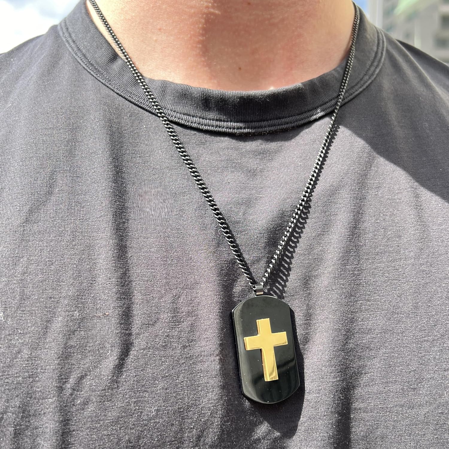 Boston Bay Diamonds Men's Cross Dog Tag Pendant in Yellow & Black Ion-Plated 316L Stainless Steel on 24" Black Curb Chain - Image 4