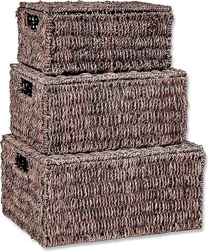 Miniatura 5 de Trademark Innovations Juego de 3 cestas rectangulares de hierba marina con tapas (tamaño grande)