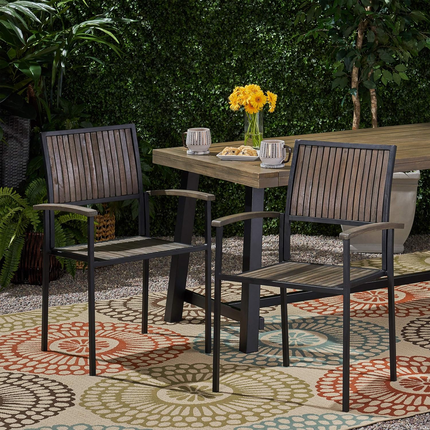 Great Deal Furniture Owen Outdoor Wood and Iron Dining Chair (Set of 2), Gray and Black Finish