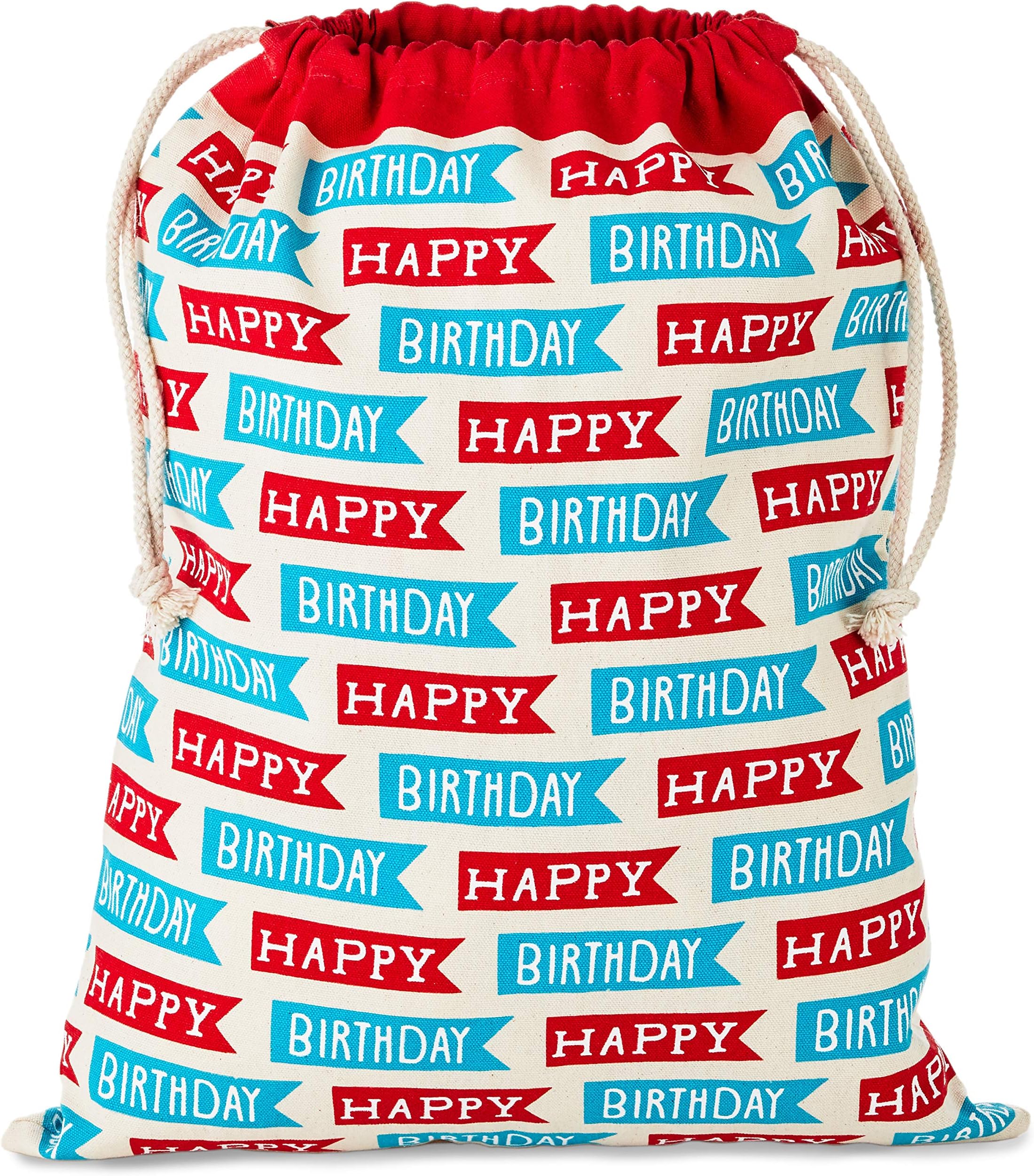 19" Large Birthday Drawstring Gift Bag (Red and Blue "Happy Birthday" Flags) for Kids, Grandchildren, Adults, Coworkers, Friends
