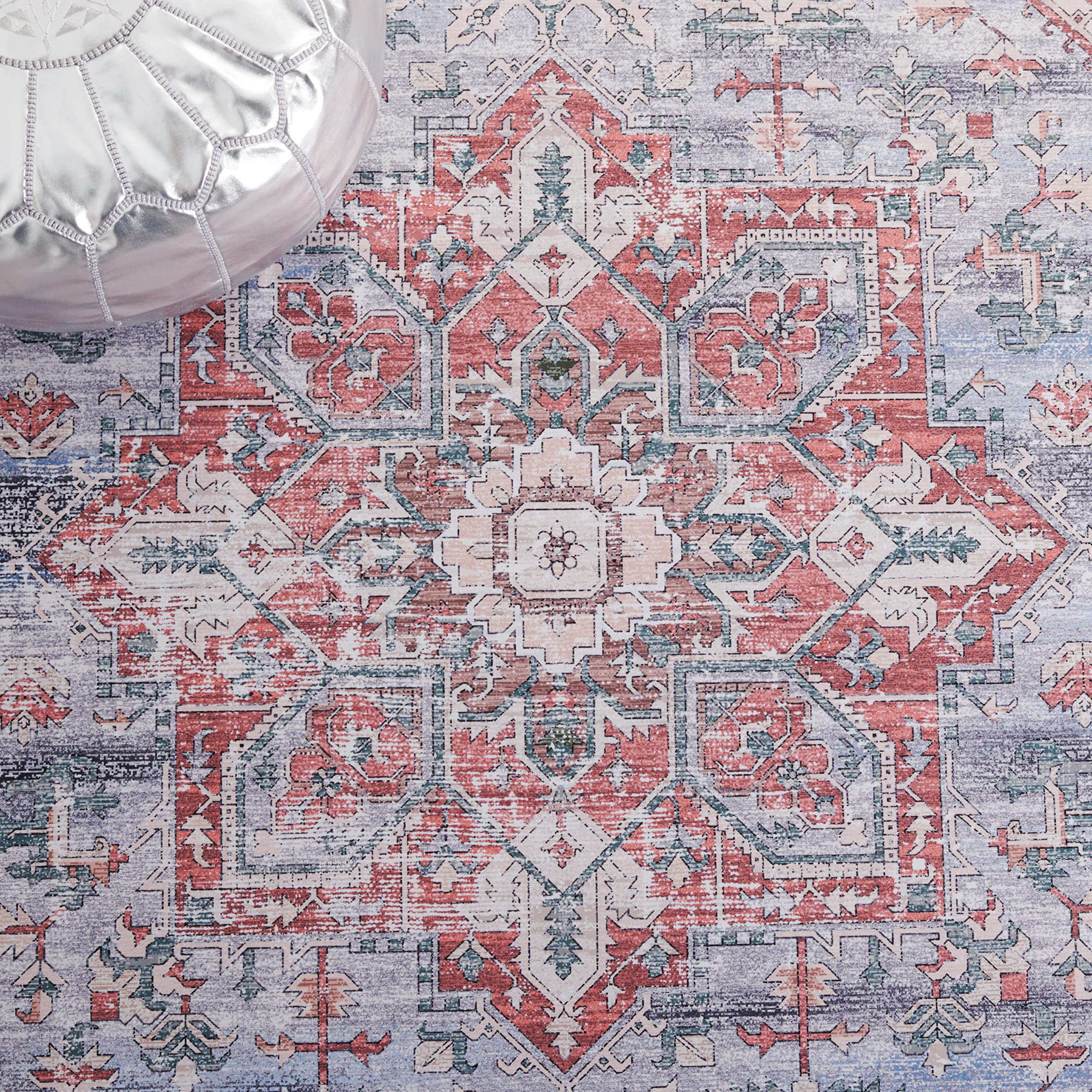 SAFAVIEH Washable Rug Tucson Collection - 8' X 10', Blue & Rust, Slip Resistant & Easy To Clean, Ideal For Living Room, Bedroom, Dining Space (TSN116M