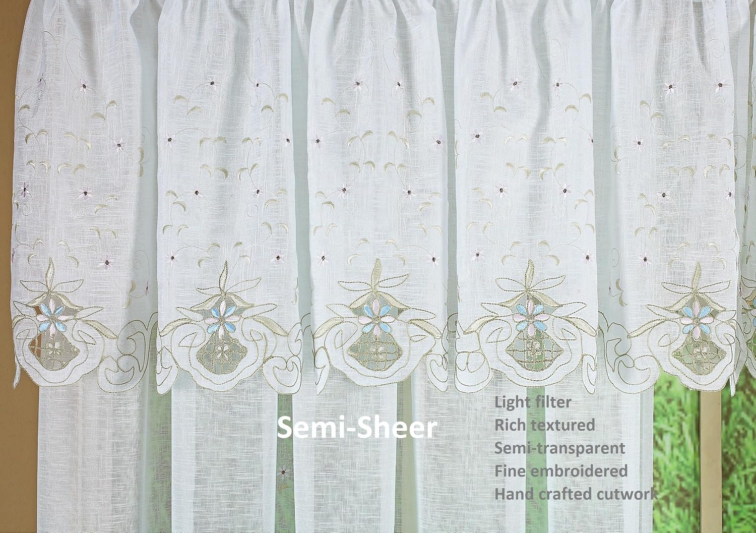 Today's Curtain, Sunshine Semi Sheer Embroidery Panel 84", White/Blue, 60" W x 84" L