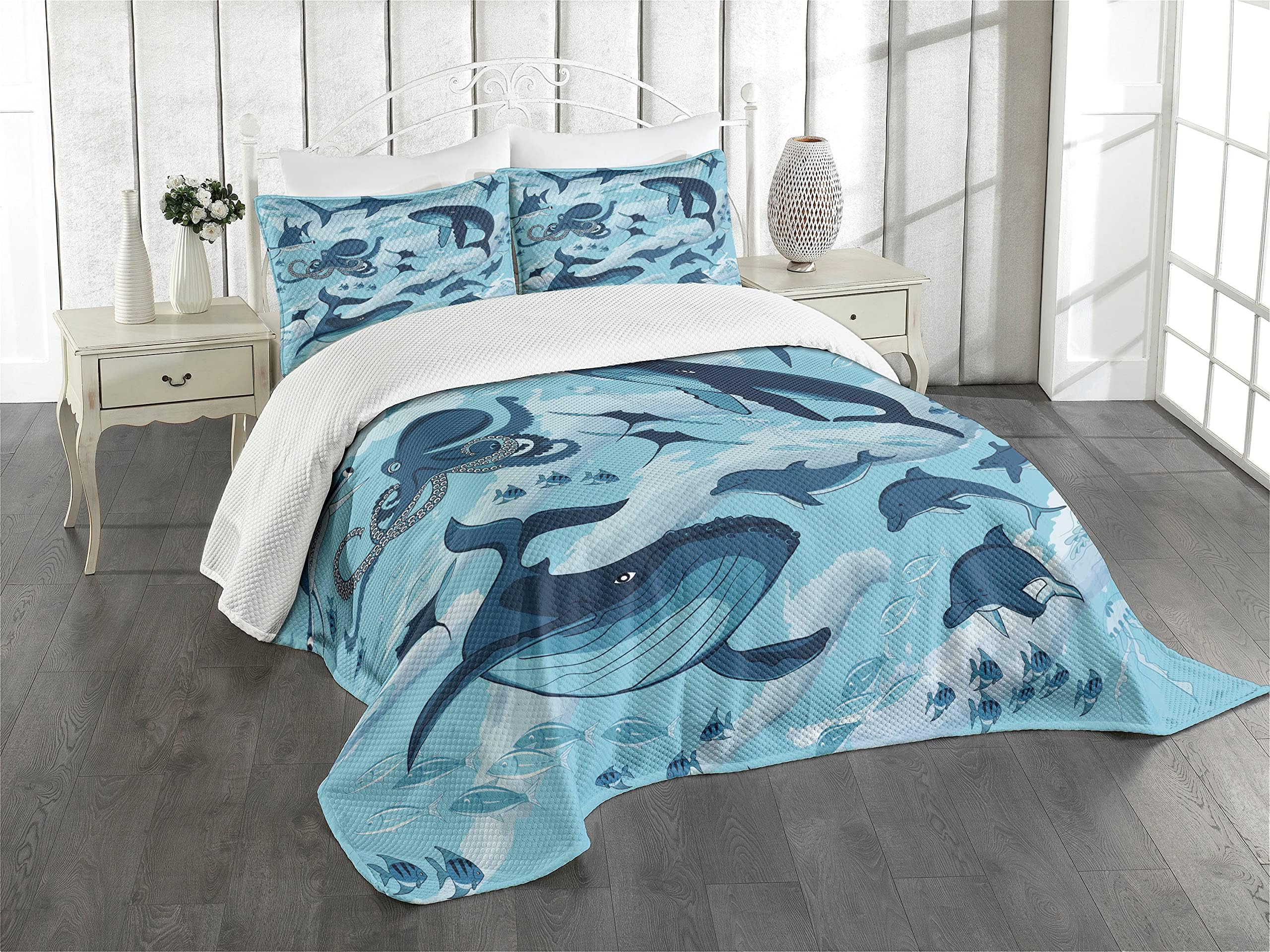 ambesonneShark Bedspread, Inhabitants of Ocean Sharks Whales Dolphins Octopus Jellyfish Starfish with Waves Image, Decorative Quilted 3 Piece Coverlet Set with 2 Pillow Shams, King Size, Blue