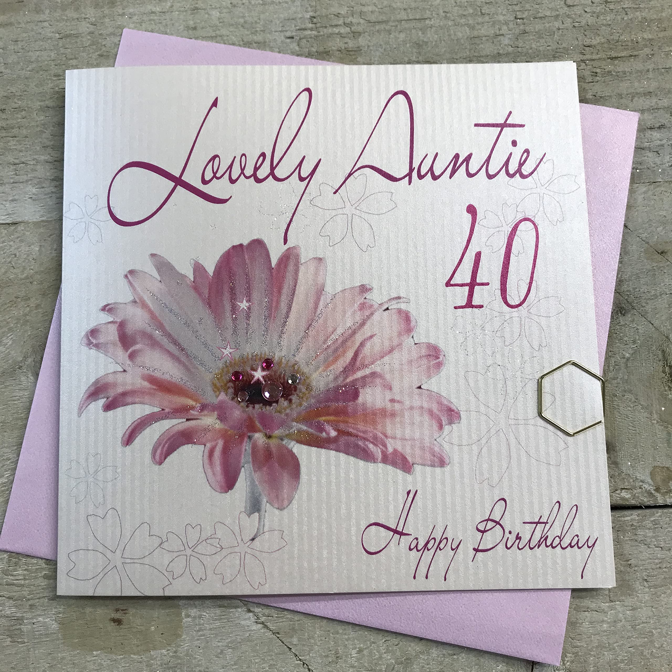WHITE COTTON CARDS Pink Gerbera, Lovely Auntie 40 Happy Handmade 40th Birthday Card, White, WB88-40