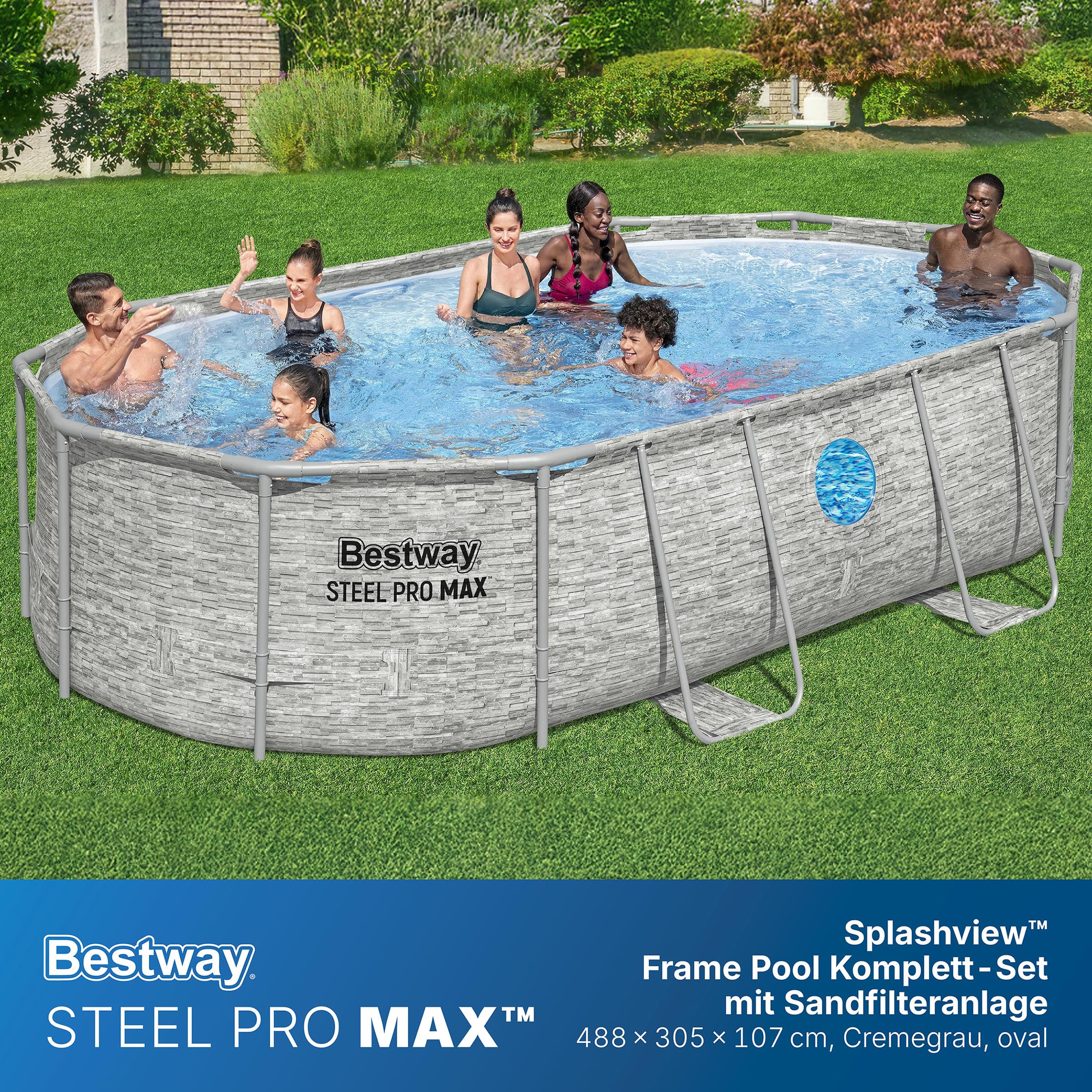 Bestway Power Steel Swim Vista Series Frame Pool Komplett-Set mit Sandfilteranlage 488 x 305 x 107 cm, Steinwand-Optik (Cremegrau), oval