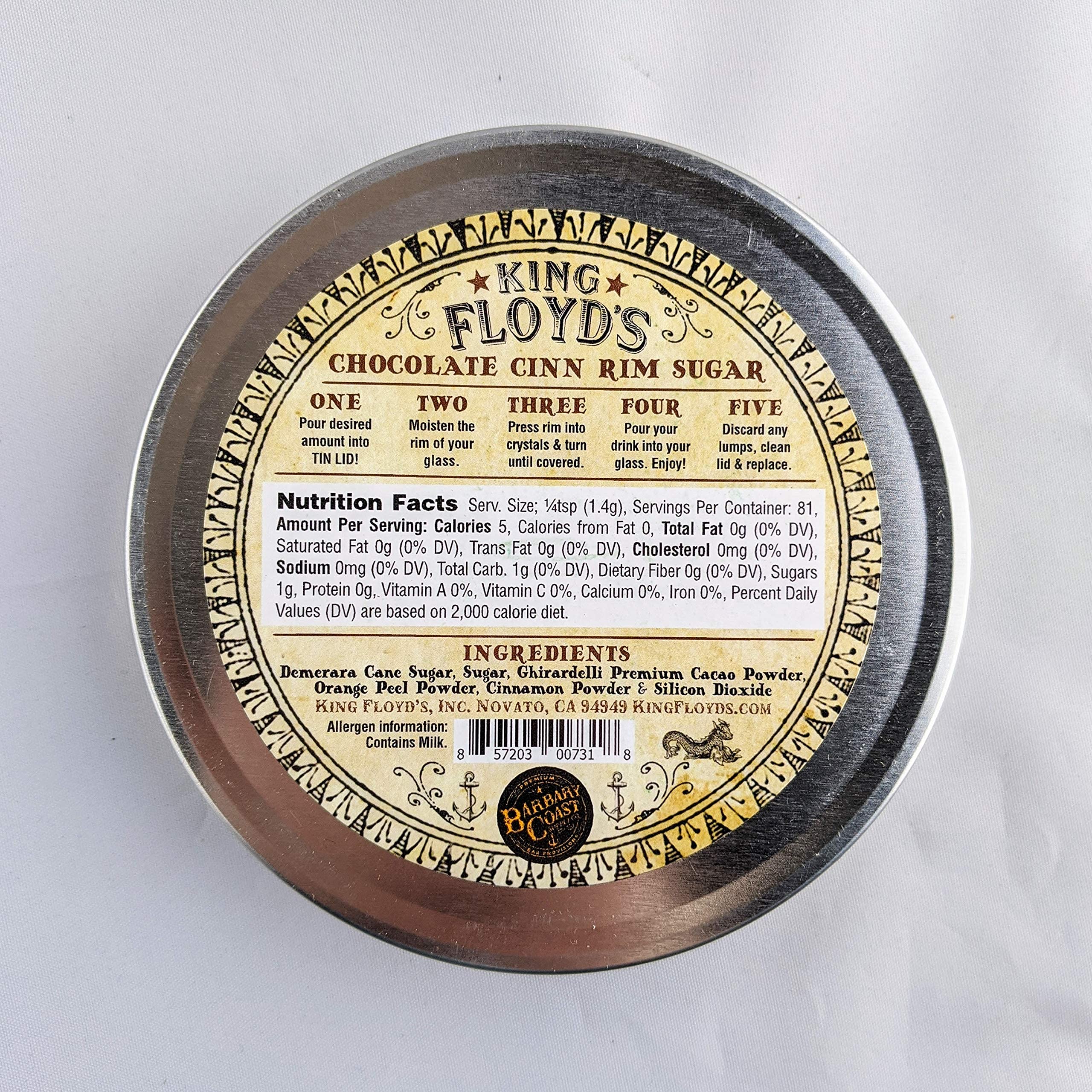 King Floyd's Chocolate Cin Rim Sugar, Four Ingredient Blend, Chocolate, Orange, Cinnamon, Cane Sugar, Dress up your Dessert Cocktail with this Delightful Addition, 3.5 oz Tin