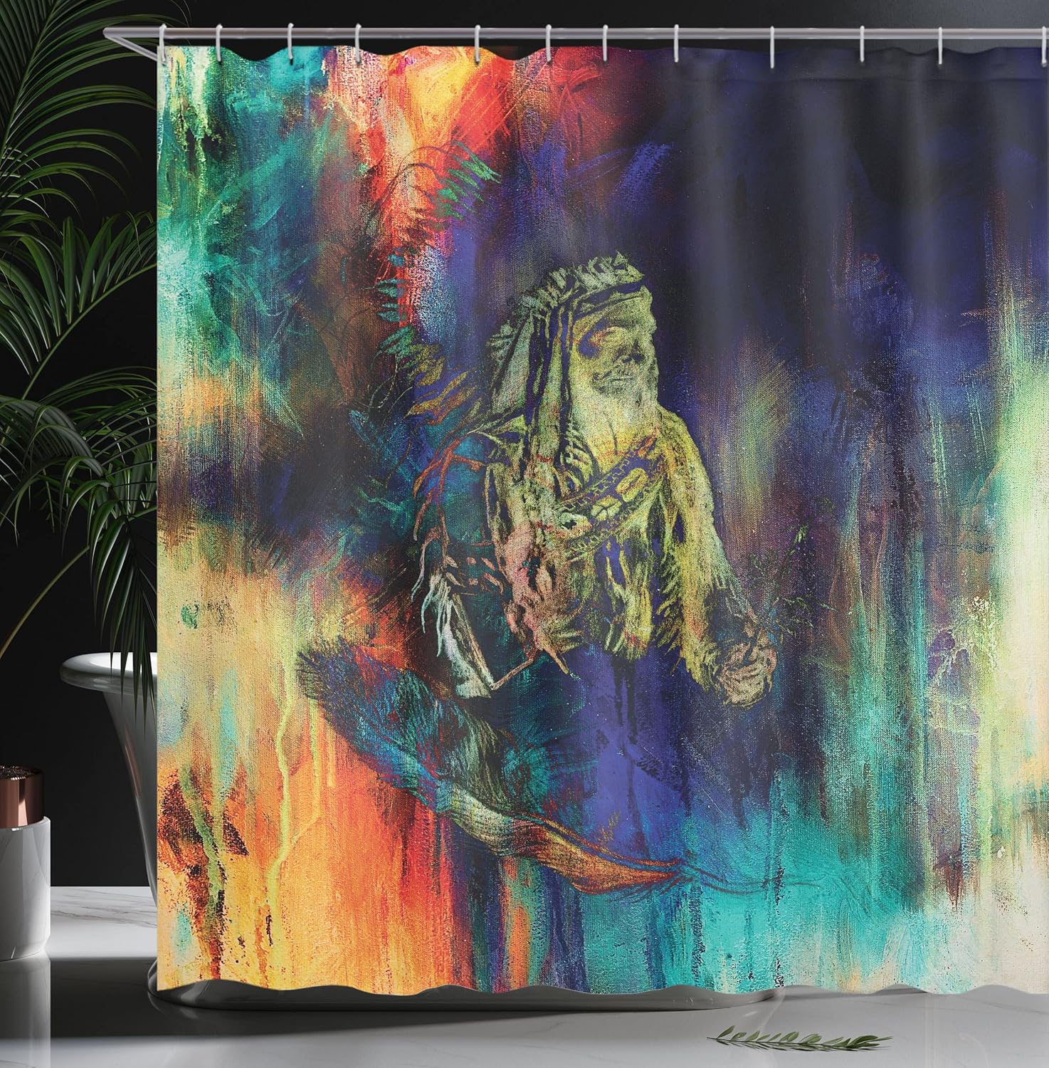 Ambesonne Tribal Shower Curtain, Grungy Futuristic Design of Foreman Bull with Motley Effect, Cloth Fabric Bathroom Decor Set with Hooks, 69" W x 84" L, Indigo Reseda Green Multicolor