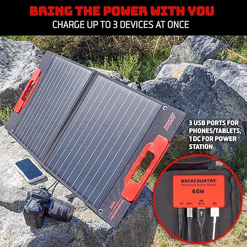Miniatura 2 de Backcountry - Paneles solares portátiles, 110 W o 60 W, cargador solar resistente al agua IP65 con 3 puertos USB para teléfonos y salida de CC para
