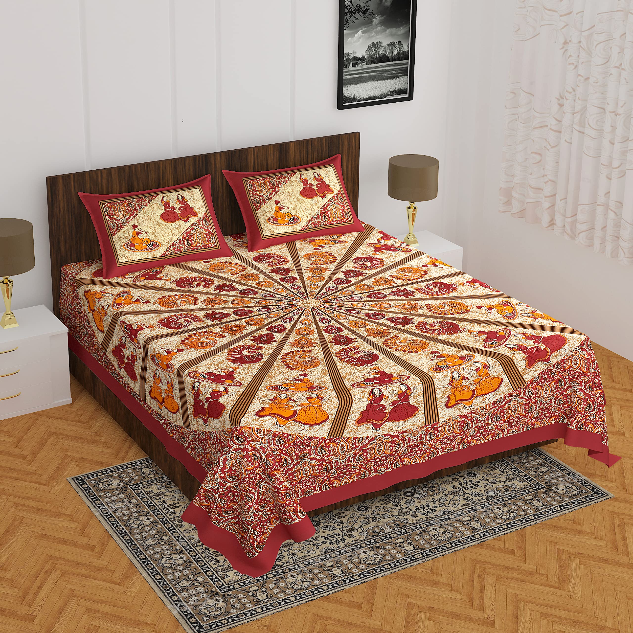 E ART BOXX 100% Cotton Bedsheet for Double Bed, King & Queen Size | 240 TC Pure Cotton, 2 Pillow Covers, Jaipuri Rajasthani Design, Extra Soft & Wrinkle Free