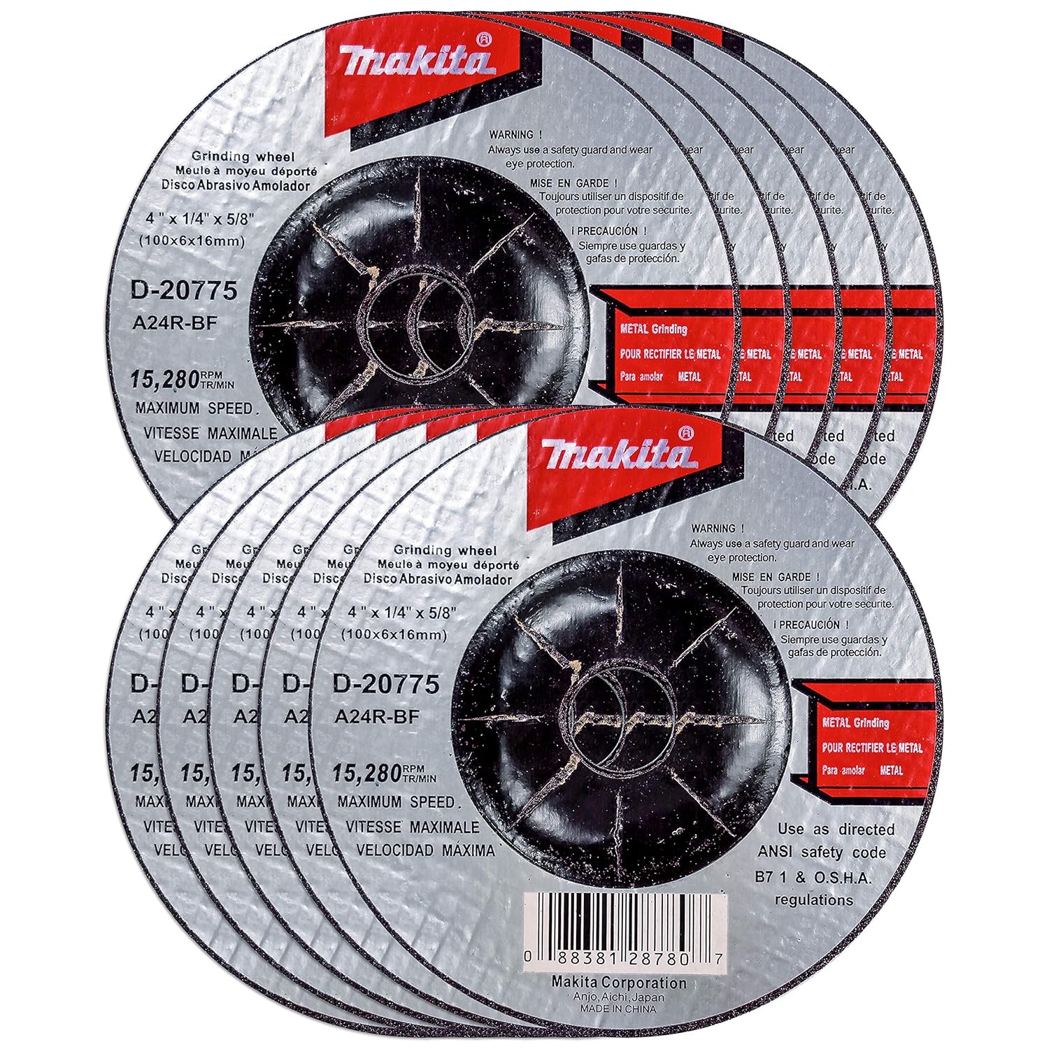 Makita [10 Pack] 4” x 1/4” x 5/8” Depressed Center Grinding Wheels for Metal | Coarse 24 Grit for 4 Inch Angle Grinders with M10 x 1.25 Thread | Cuts Carbon Steel, Iron & Pipes