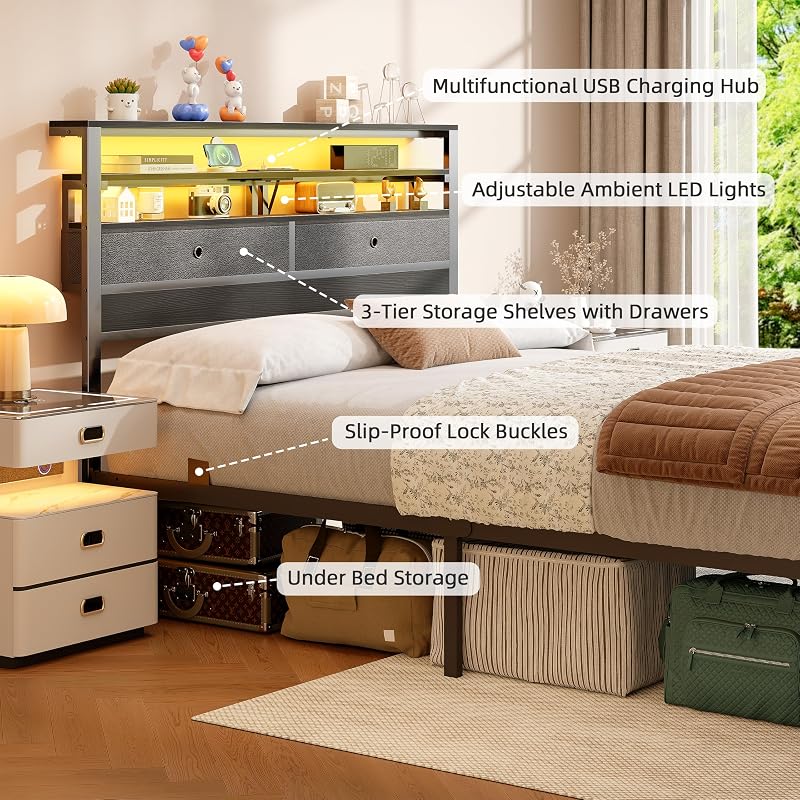 Furnulem Queen Bed Frame with Charging Station and LED Lights, Black Oak image 3