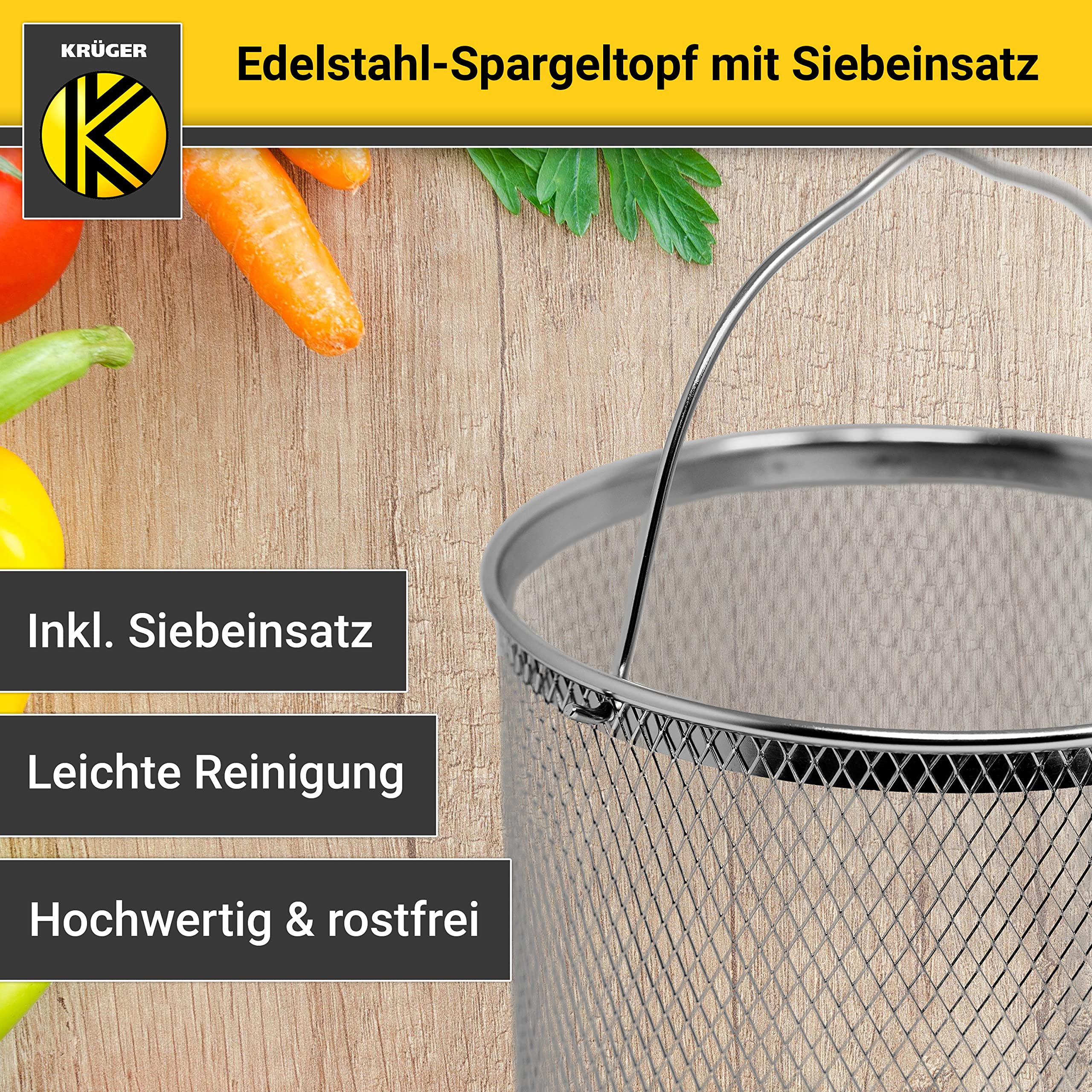 Krüger Pentola per asparagi in acciaio inox con coperchio in vetro e filtro – Pentola per asparagi con coperchio per cucinare a vista, fondo capsula a risparmio energetico e manici in metallo freddo –