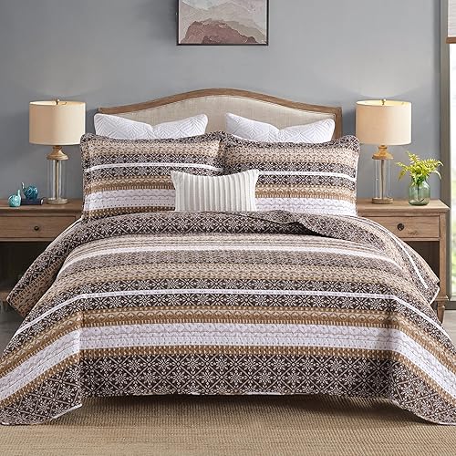 Miniatura 1 de Edredón tamaño King  Colcha a rayas marrón y blanco, tamaño King, colcha geométrica vintage King, ropa de cama bohemia 100% algodón, juego de