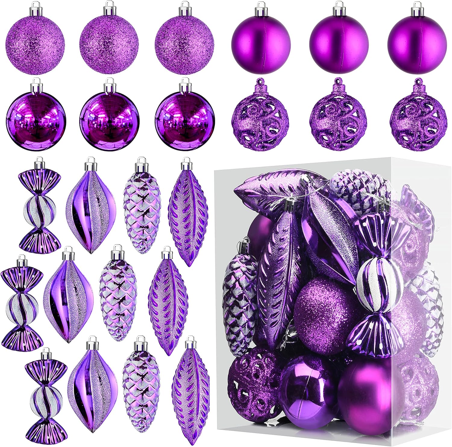 Prextex Christmas Ball Ornaments for Christmas Decorations - 24 pcs Purple Christmas Ornaments with Hanging Loop for Holiday, Wreath, and Party Decorations - Purple Ornaments for Christmas Tree