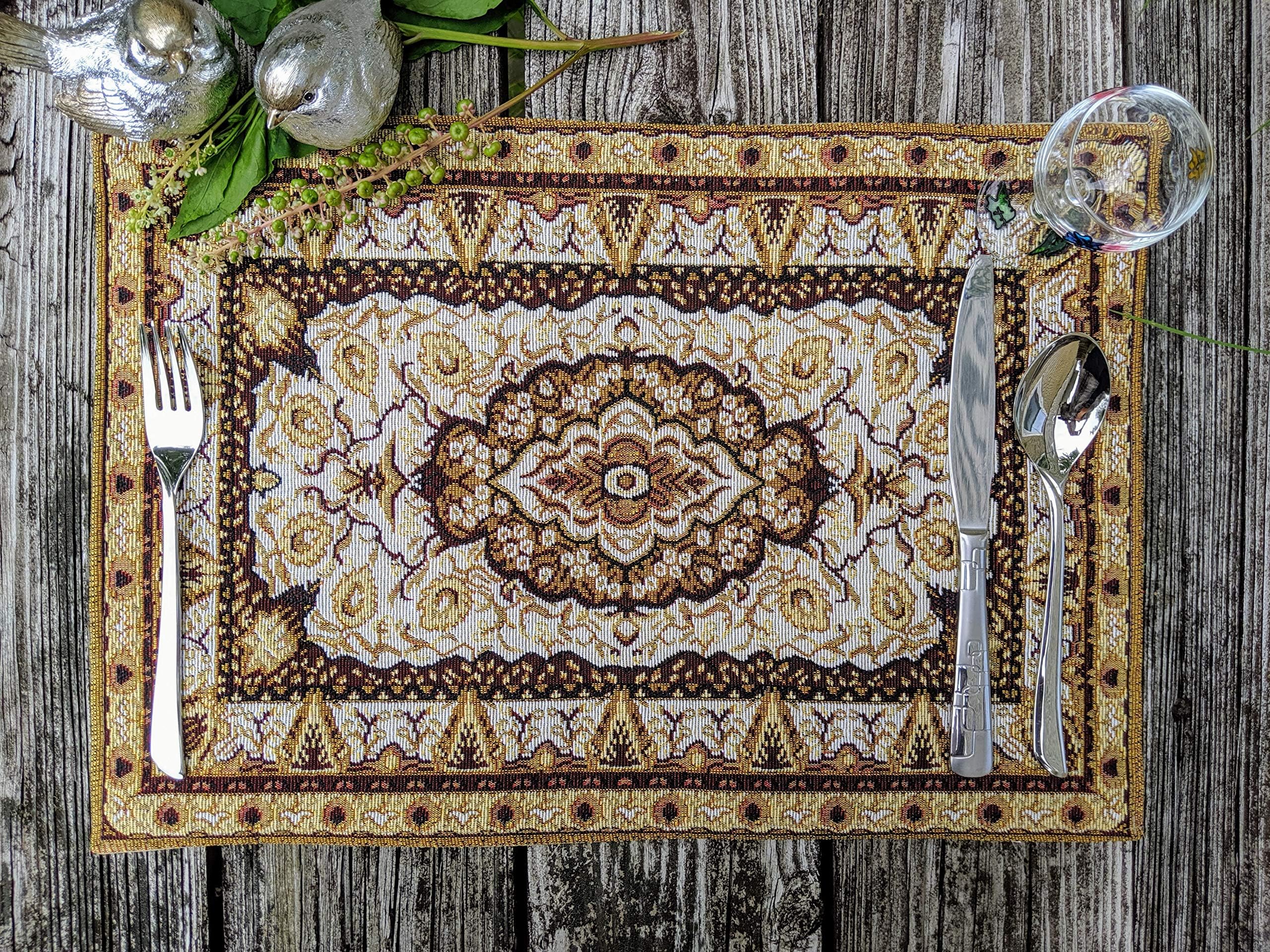 DaDa Bedding Persian Rug Placemats - Set of 4 Tapestry Intricate Elegant Royal Golden Opulence - Floral Damask Decorative Cotton Linen Woven Dining Table Mats - 13โ x 19โ (18119)