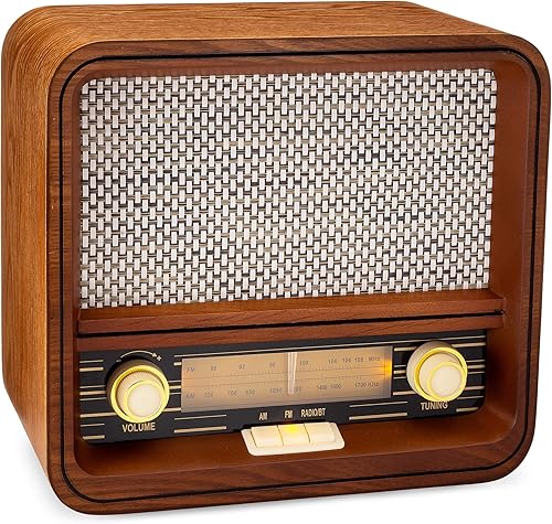 ClearClick Radio AMFM de estilo retro clásico vintage con Bluetooth y entrada auxiliar, exterior de madera hecho a mano