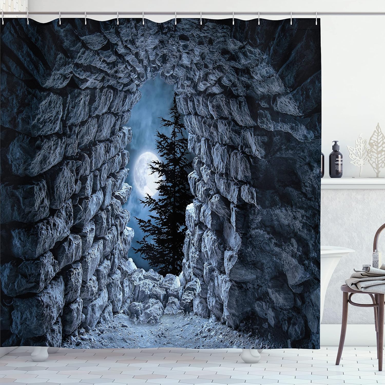 Ambesonne Gothic Shower Curtain, Dark Cave with The Full Moon at Night Scary Horror Medieval Gothic Artwork Print, Cloth Fabric Bathroom Decor Set with Hooks, 69" W x 70" L, Grey Blue