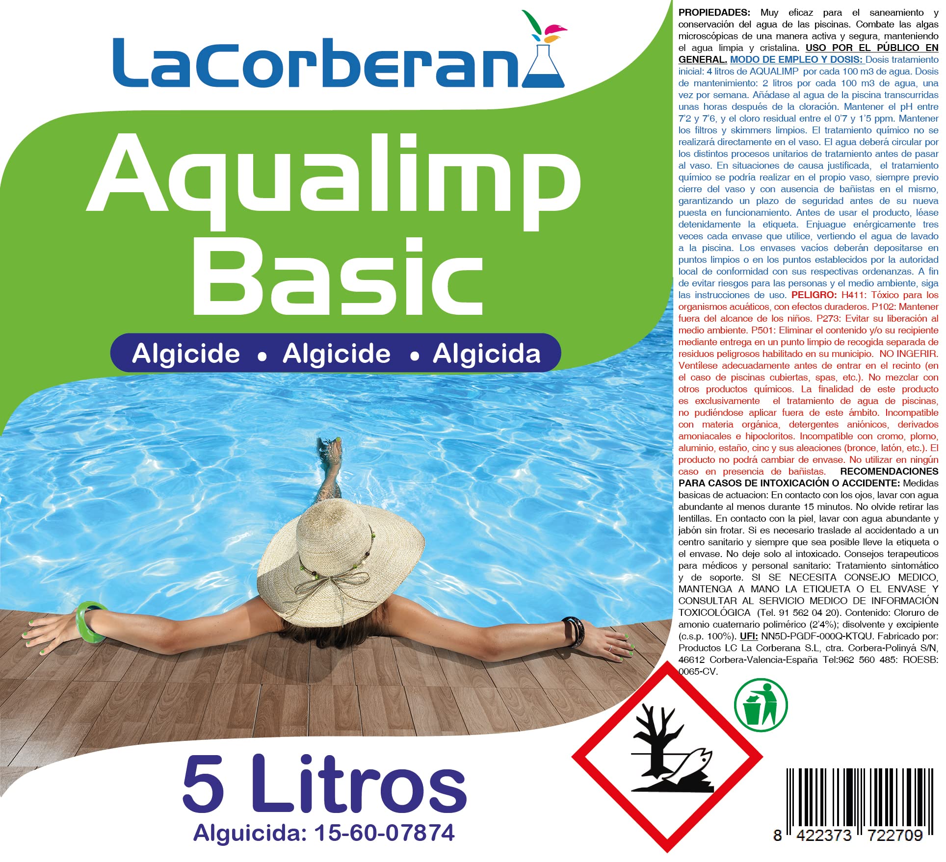 Algicida Piscinas Líquido 5L - Anti Algas para Piscinas de Acción Rápida, Limpia Piscinas Profesional Compatible con Electrólisis Salina y Clorador Salino