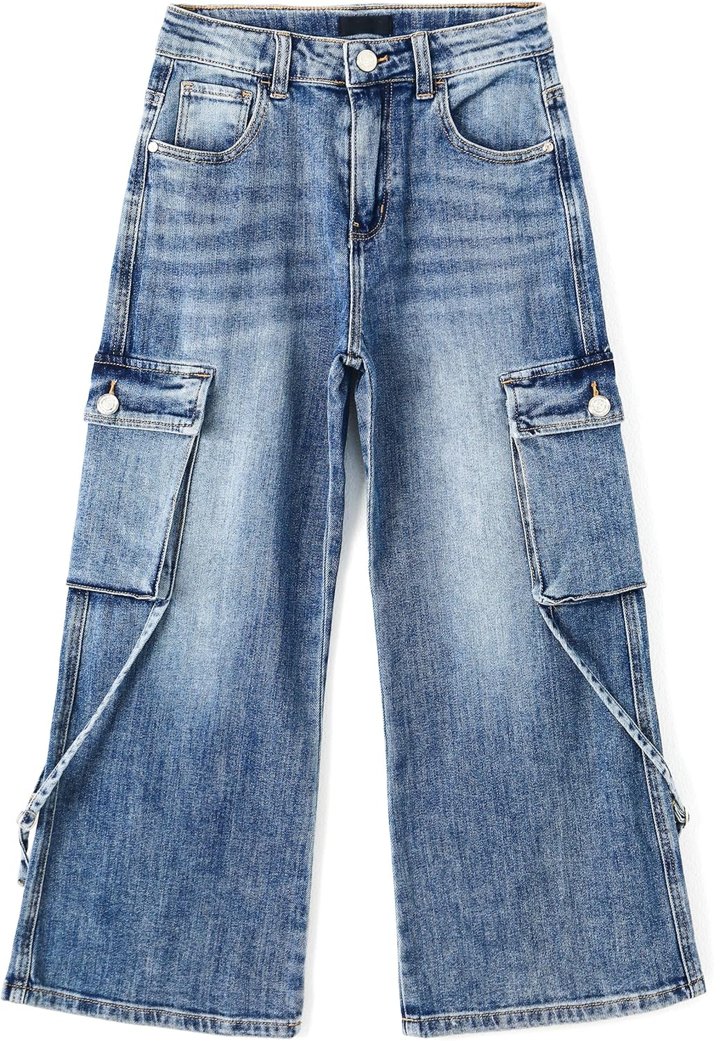 KIDSCOOL SPACE Girls Cargo Jeans, Wide Leg Baggy Stretchy Denim Pants with 6 Real Pockets