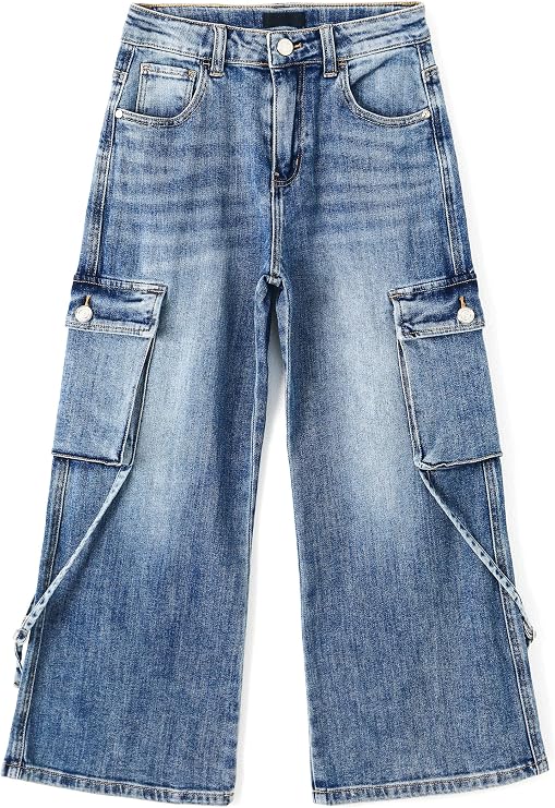 KIDSCOOL SPACE Girls Cargo Jeans, Wide Leg Baggy Stretchy Denim Pants with 6 Real Pockets
