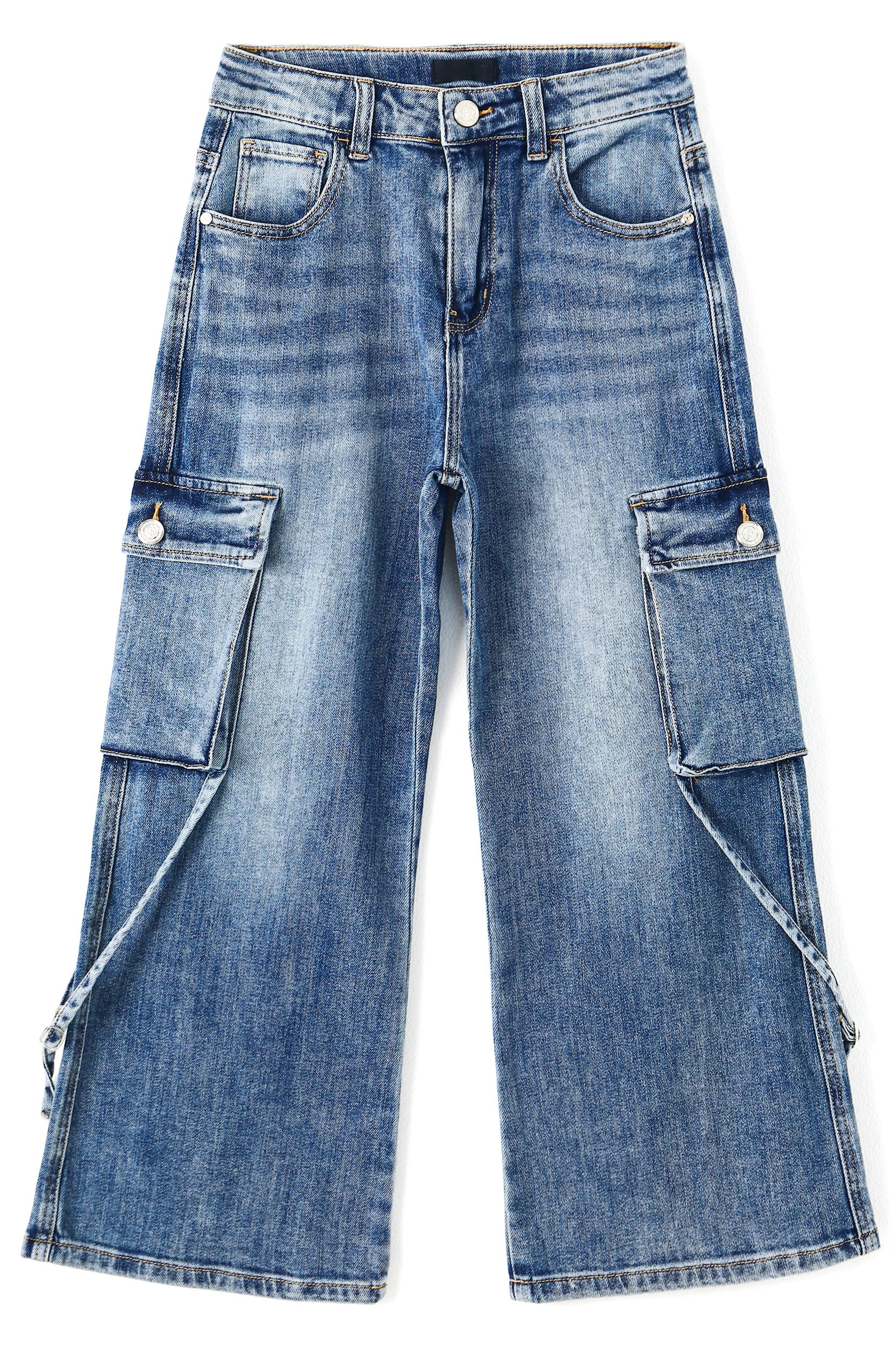 KIDSCOOL SPACE Jeans cargo da ragazza, gamba larga, elasticizzati, in denim, con 6 tasche reali