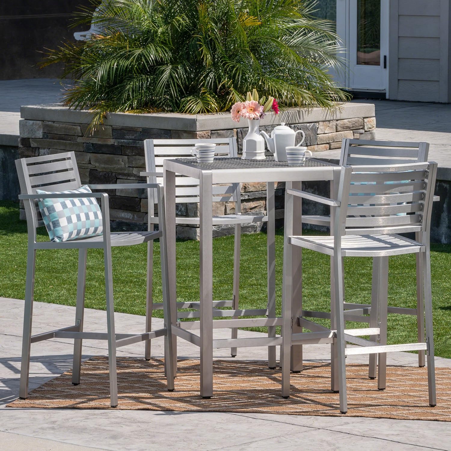 Christopher Knight Home Tracy | Outdoor 5-Piece Rust-Proof Aluminum Set | with Wicker Top Bar Table | Silver/Grey