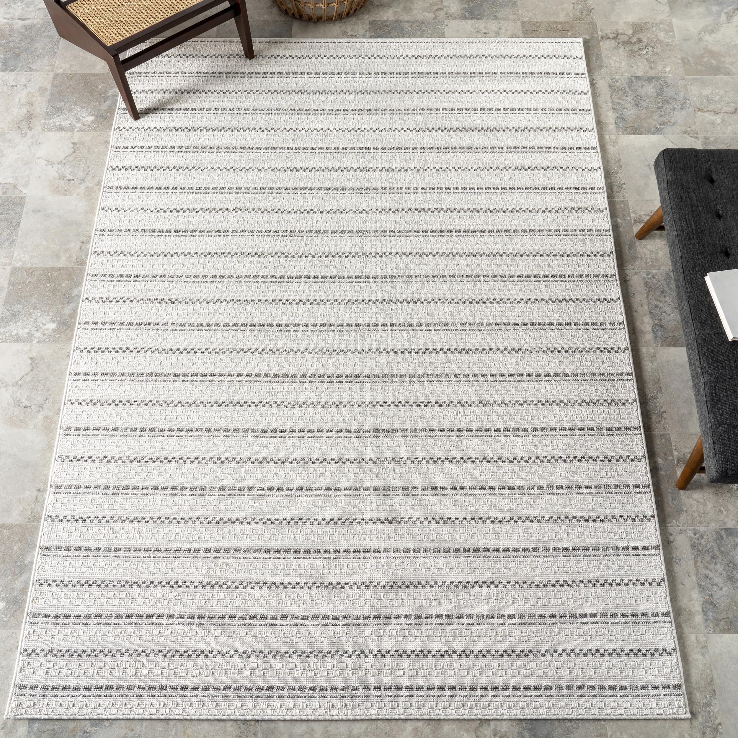 Nuloom Haylo Cream/Light Grey, 5' x 8', Striped, Looped Pile, Soft and Textured, High Traffic, Stain Resistant, Easy Clean, Durable Area Rug for Indoor/Outdoor Patio, Deck, Porch, Garden, Courtyard