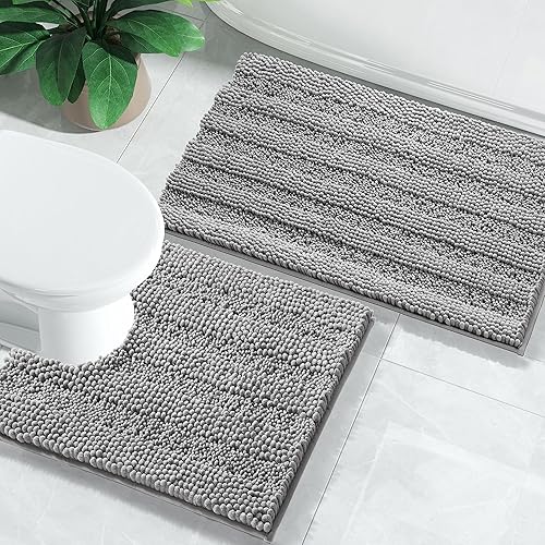 Yimobra Juego de 2 alfombras de baño de felpilla suave y absorbente y alfombra para inodoro en forma de U, antideslizante, lavable a máquina, de