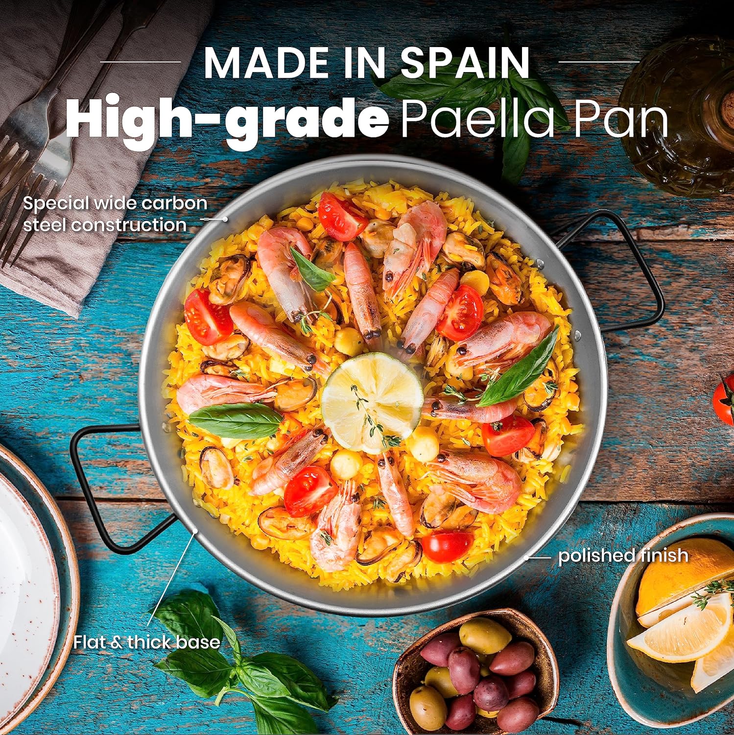 Machika Professional Carbon Steel Pan | Carbon Steel Skillet for Cooking Mediterranean Food | Premium Skillet for Professional Use | Serve Up to 6 Servings | 18 Inches |