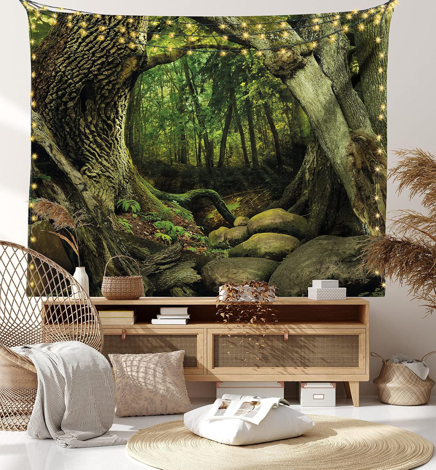 Lunarable Nature Tapestry Twin Size, Mystic Woodland Fantasy with Moss Trees Rocks Growth Landscape, Wall Hanging Bedspread Bed Cover Wall Decor, Twin Size, Forest Green