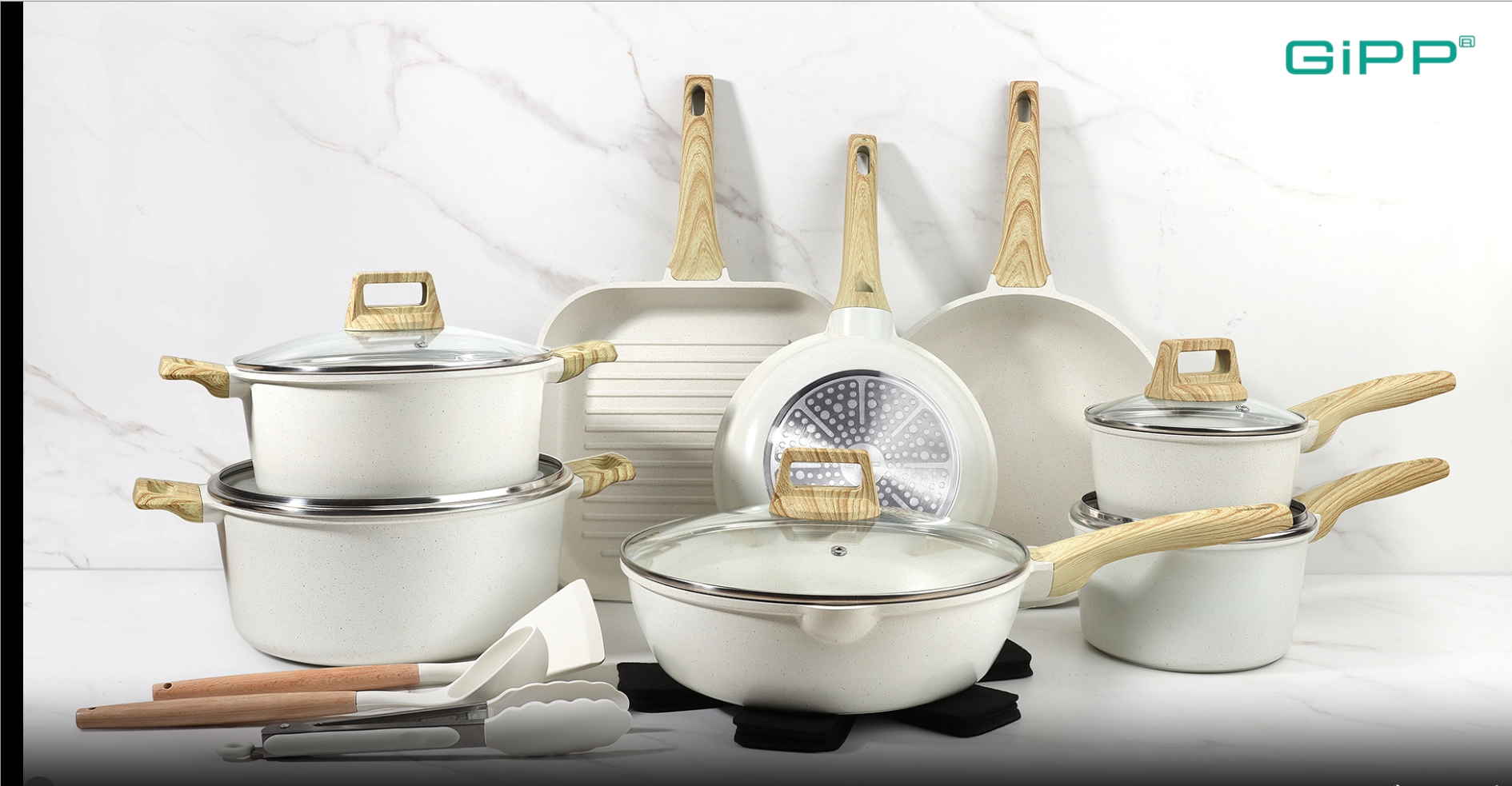 Batterie De Cuisine 21 Pièces GiPP - Revêtement Antiadhésif - Poêles 24/28/30 Cm, Casseroles 20/22 Cm, Wok 28 Cm - 8
