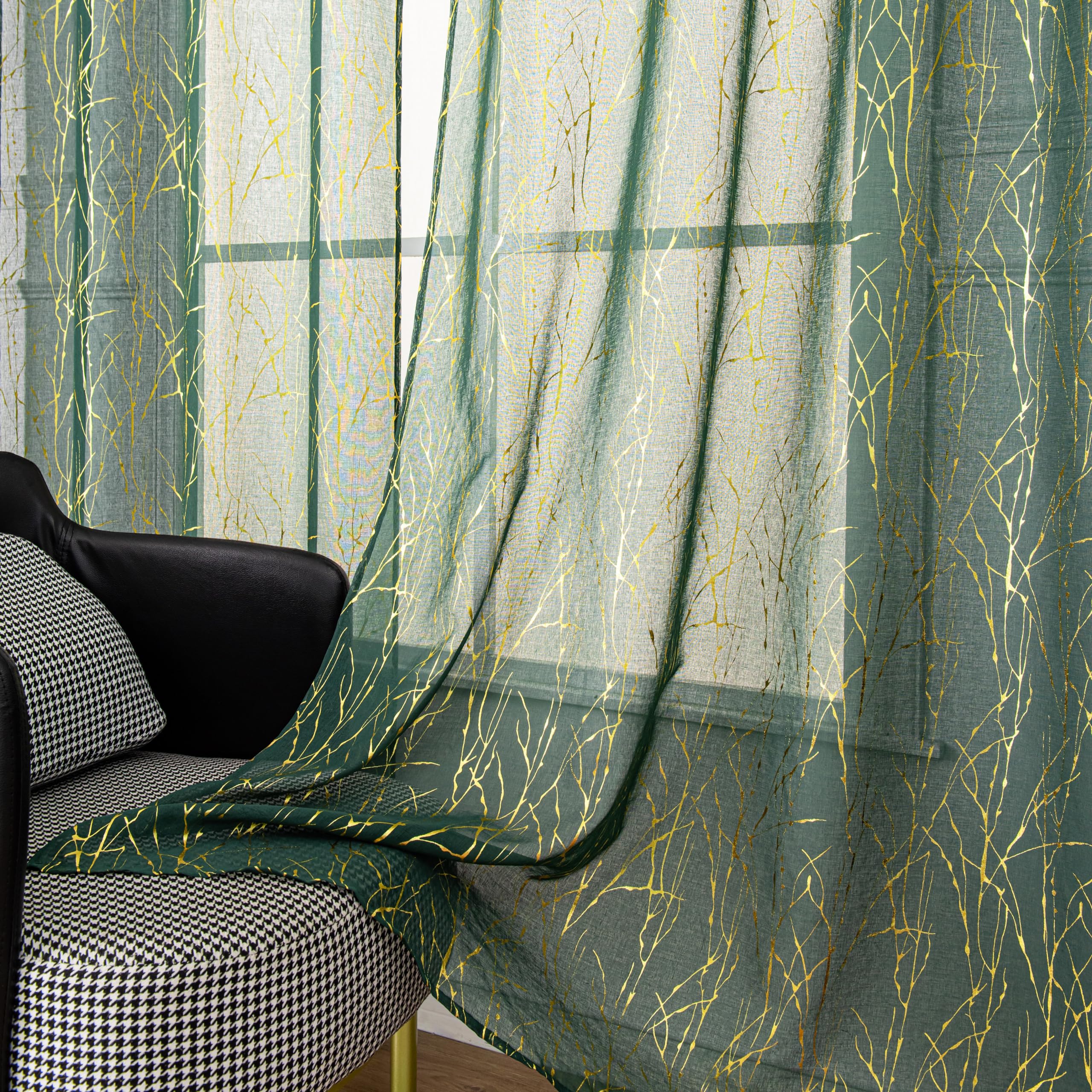 Sutuo Home Sheer Curtains 84 Inches Long 2 Panels Set, Gold Foil Print Metallic Bronzing Branch - Image 4