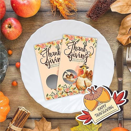 Miniatura 4 de 40 tarjetas de juego para rascar de Acción de Gracias  Encuentra la manzana, tarjetas de juego para ganar con calcomanía, acuarela de pavo,