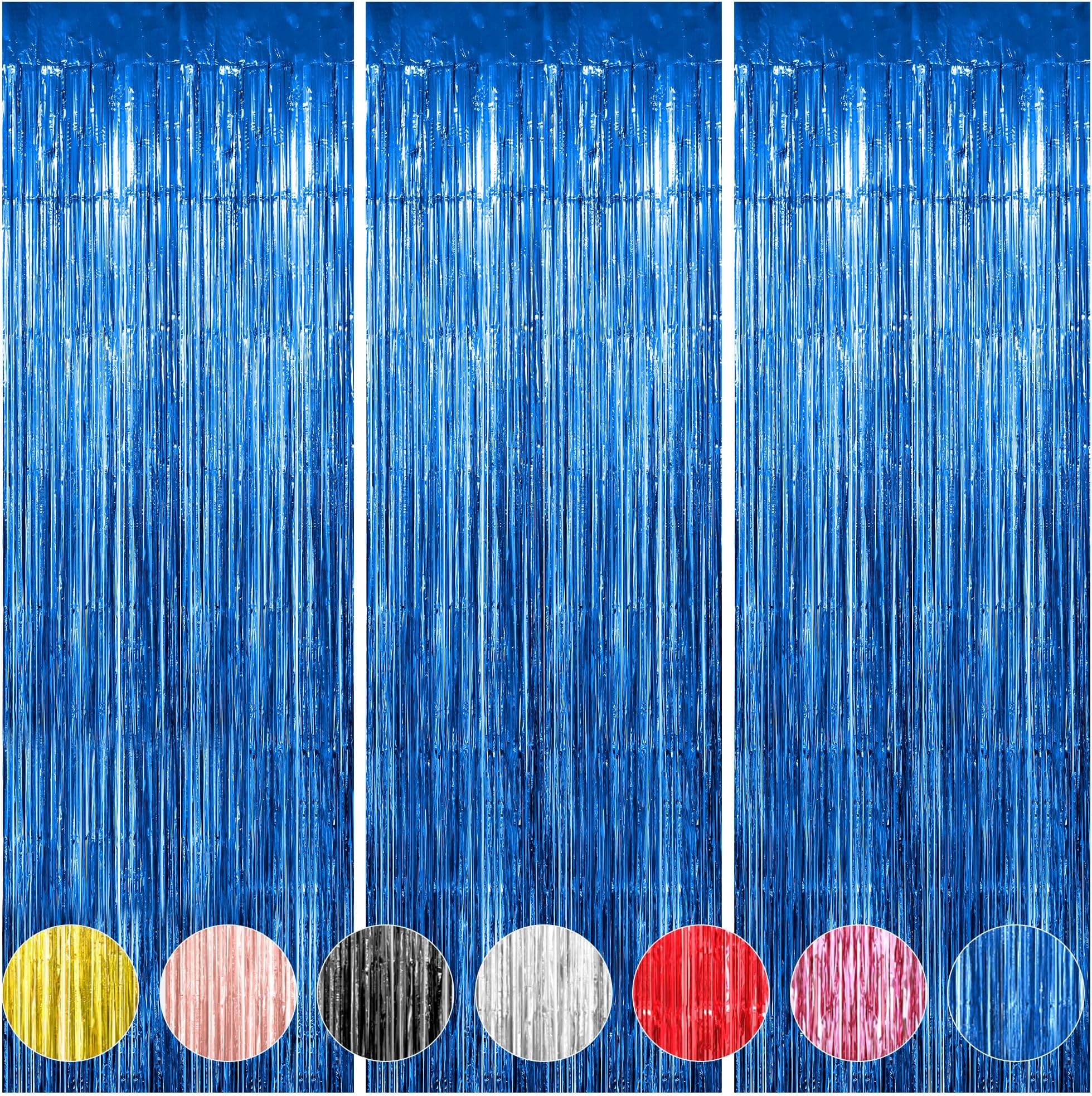 Blue Foil Fringe Backdrop Curtains, 3 Pack 3.3x9.9 ft, Blue