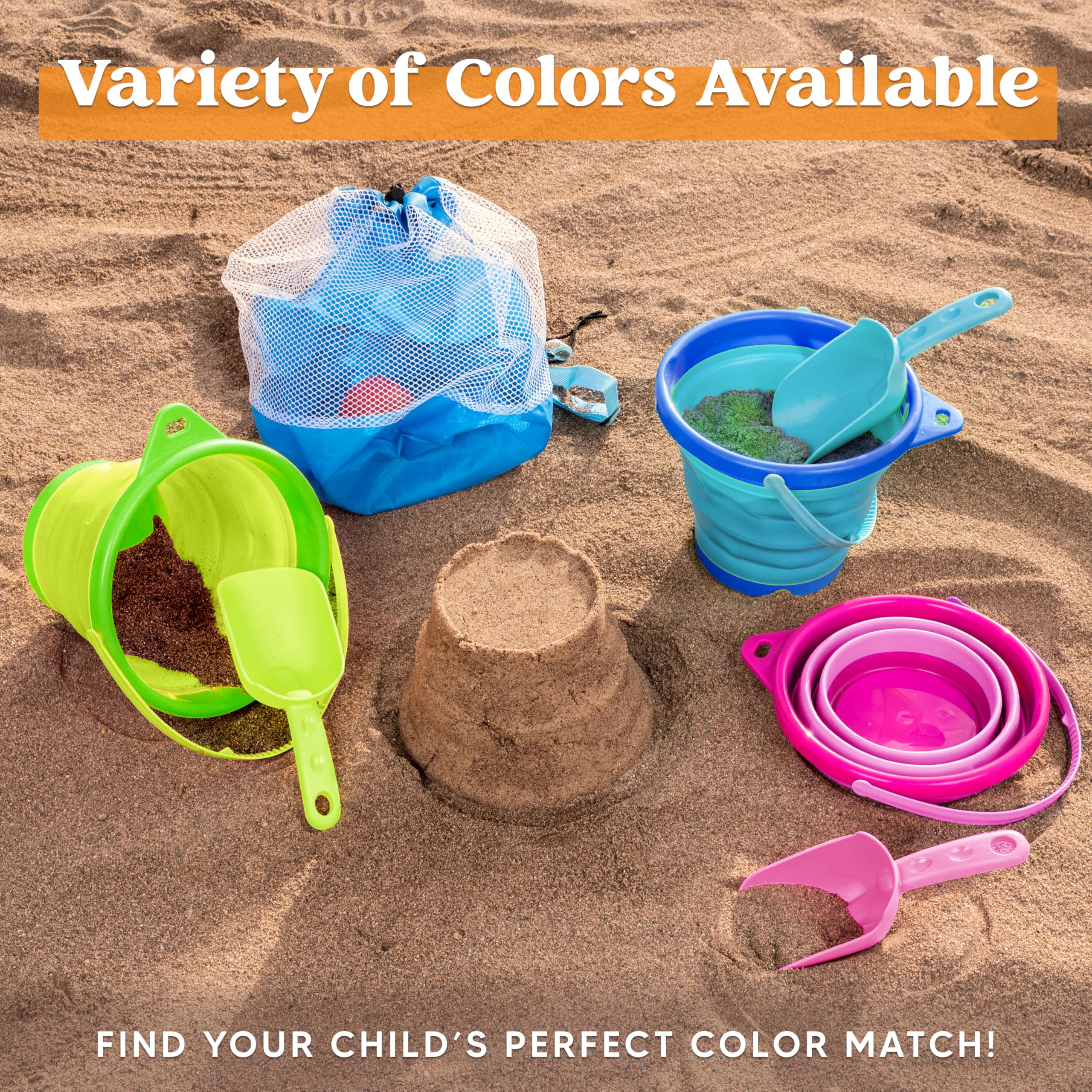 JOYIN 3 Packs Foldable Pail Bucket with Shovels & Mesh Bag, Collapsible Buckets Multi Purpose for Beach Camping Gear - Image 4