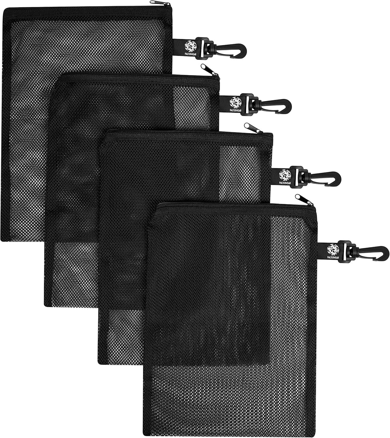 PALTERWEAR Mesh Zipper Bag with Clip Set of 4 (Black, 8 x