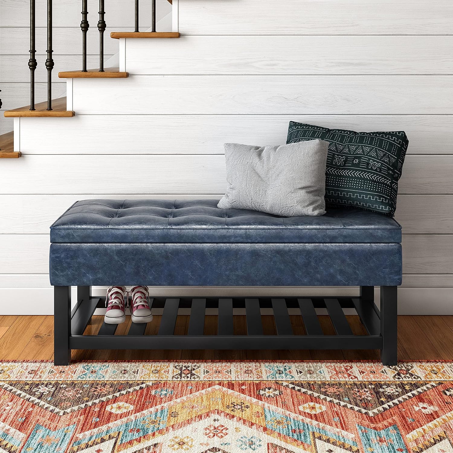 SIMPLIHOME Cosmopolitan 44 inch Wide Transitional Rectangle Storage Ottoman Bench with Open Bottom in Denim Faux Leather, for Living Room, Bedroom